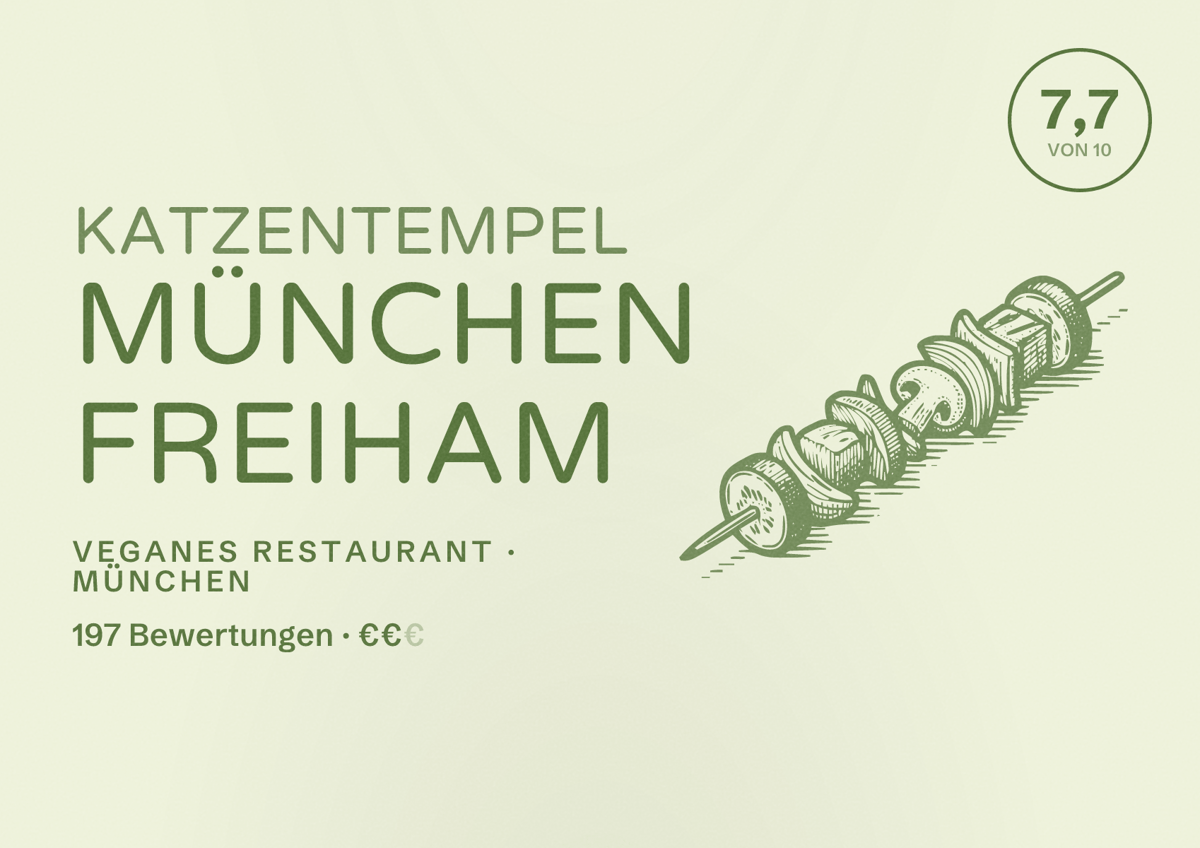 Illustriertes Poster von Katzentempel München Freiham, Veganes Restaurant in München: Bewertung 7,7 von 10 aus 197 Bewertungen, Preisniveau €€