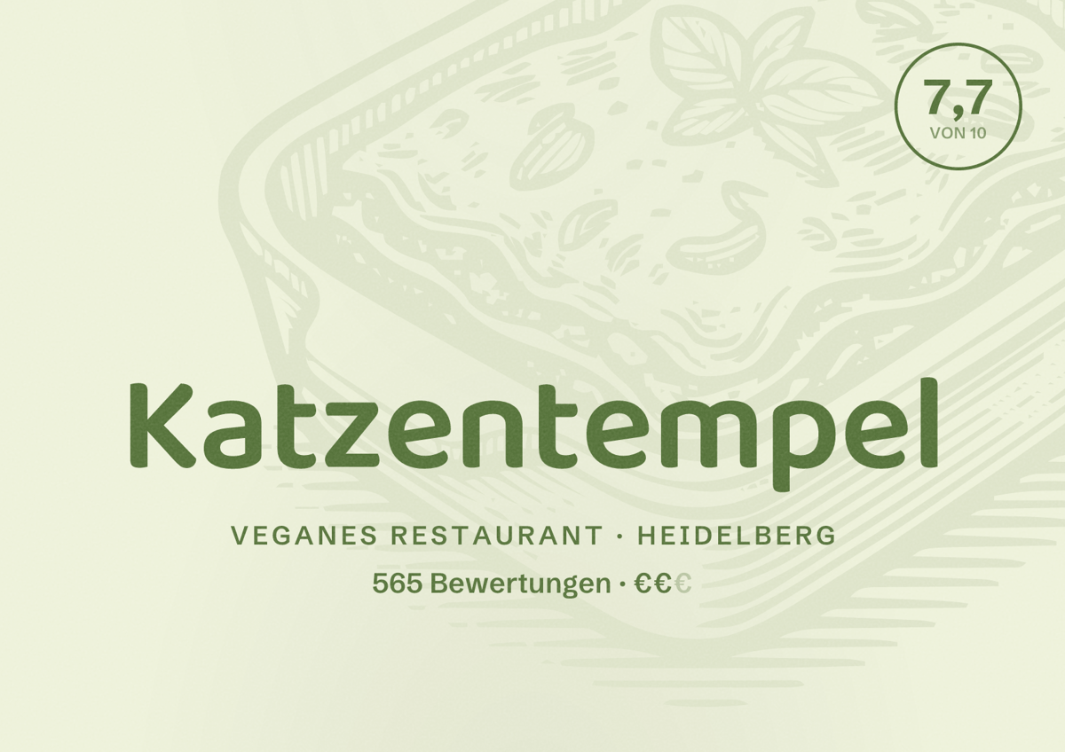 Illustriertes Poster von Katzentempel, Veganes Restaurant in Heidelberg: Bewertung 7,7 von 10 aus 565 Bewertungen, Preisniveau €€
