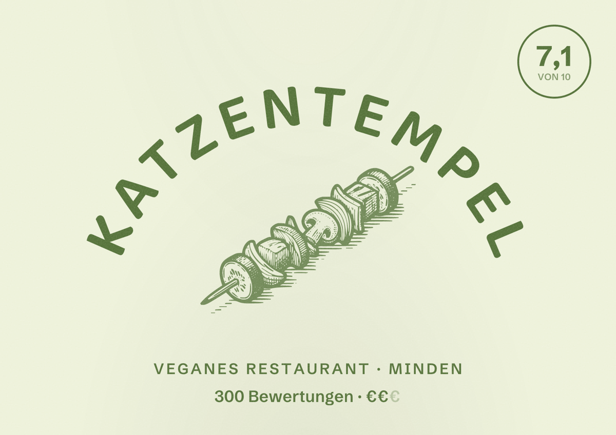 Illustriertes Poster von Katzentempel, Veganes Restaurant in Minden: Bewertung 7,1 von 10 aus 300 Bewertungen, Preisniveau €€