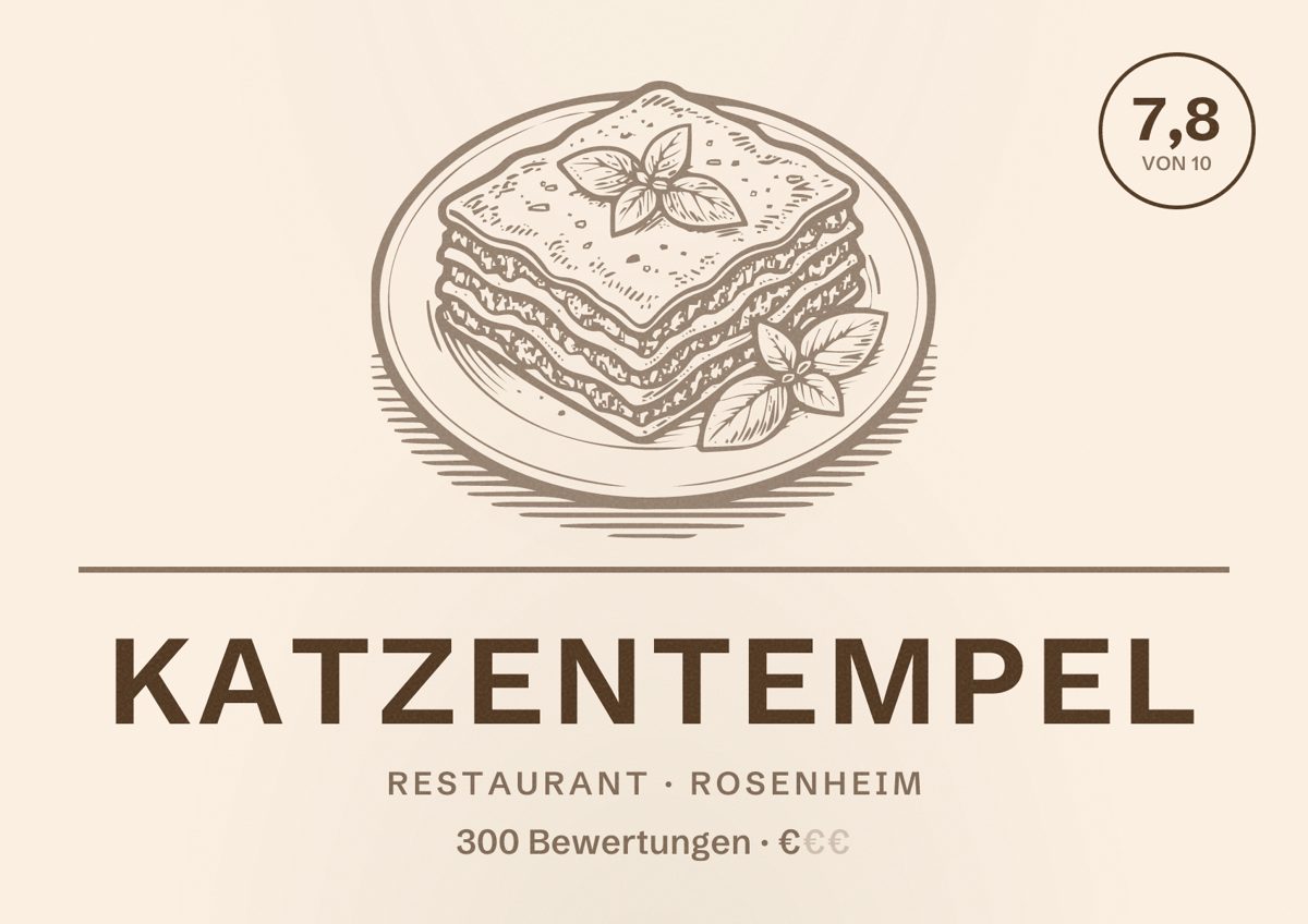 Illustriertes Poster von Katzentempel, Restaurant in Rosenheim: Bewertung 7,8 von 10 aus 300 Bewertungen, Preisniveau €