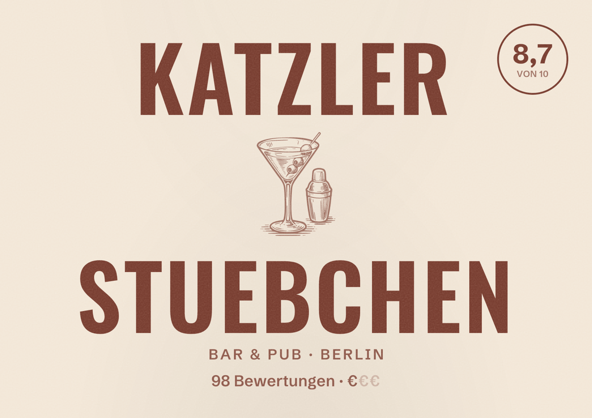 Illustriertes Poster von Katzler Stuebchen, Bar & Pub in Berlin: Bewertung 8,7 von 10 aus 98 Bewertungen, Preisniveau €