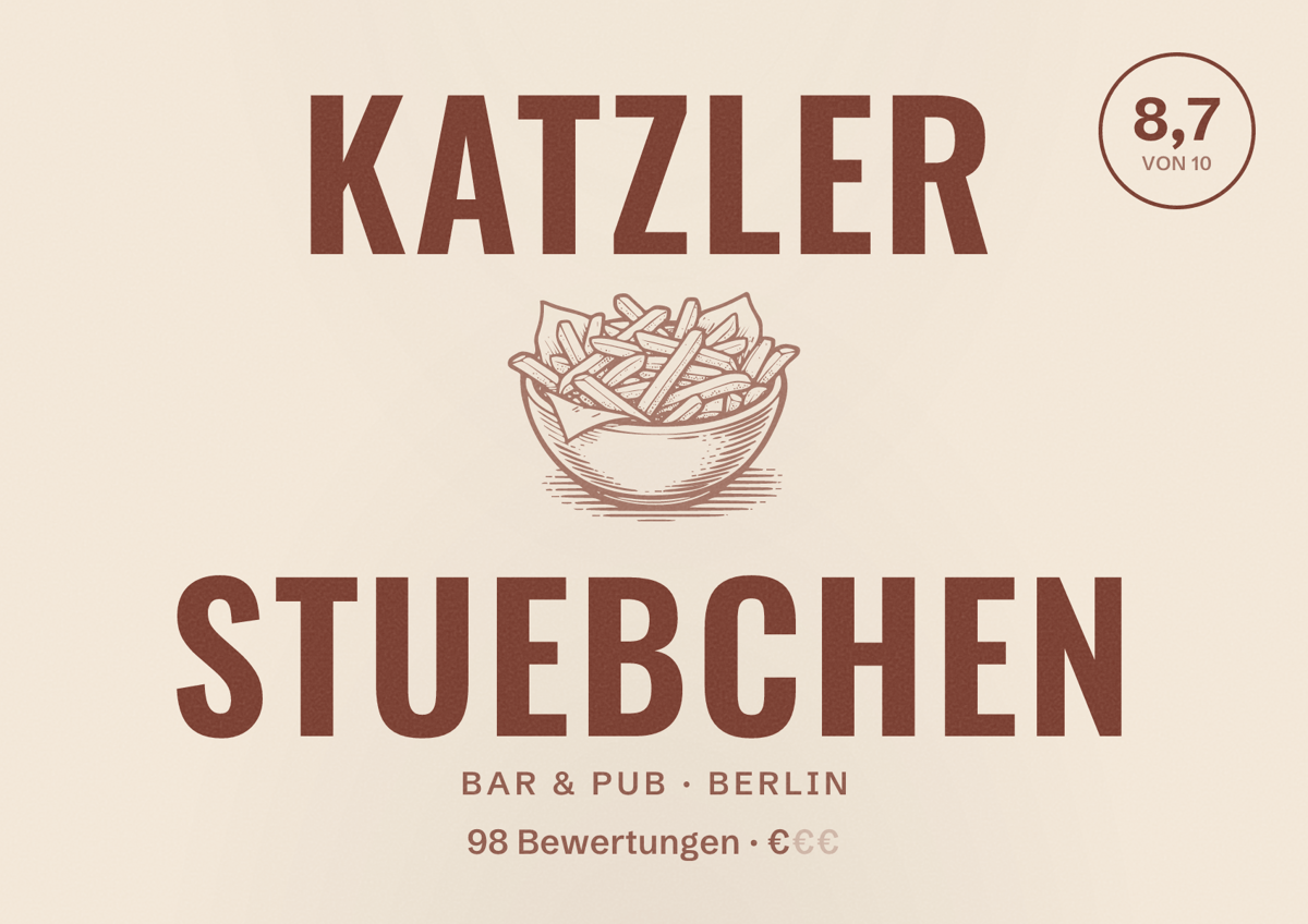 Illustriertes Poster von Katzler Stuebchen, Bar & Pub in Berlin: Bewertung 8,7 von 10 aus 98 Bewertungen, Preisniveau €