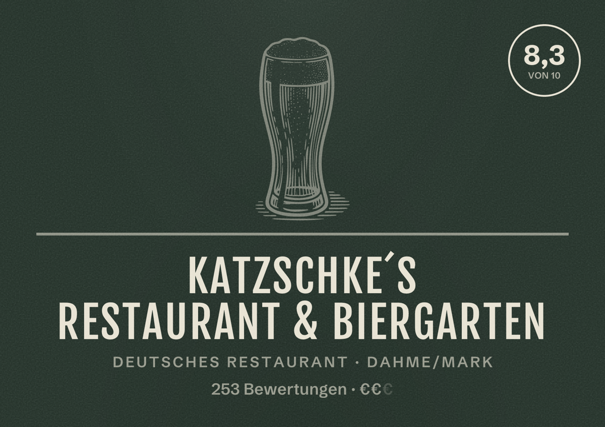 Illustriertes Poster von Katzschke´s Restaurant & Biergarten, Deutsches Restaurant in Dahme/Mark: Bewertung 8,3 von 10 aus 253 Bewertungen, Preisniveau €€