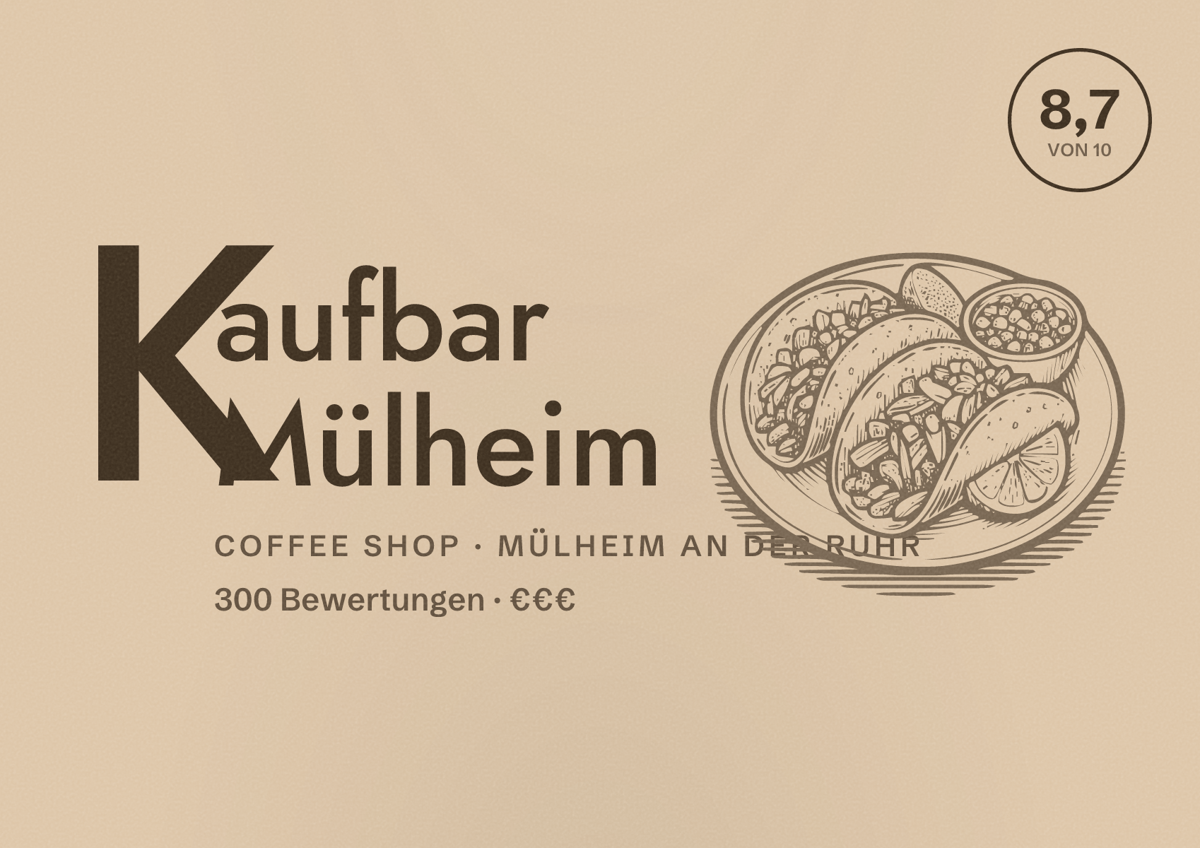Illustriertes Poster von Kaufbar Mülheim, Coffee Shop in Mülheim an der Ruhr: Bewertung 8,7 von 10 aus 300 Bewertungen, Preisniveau €€€
