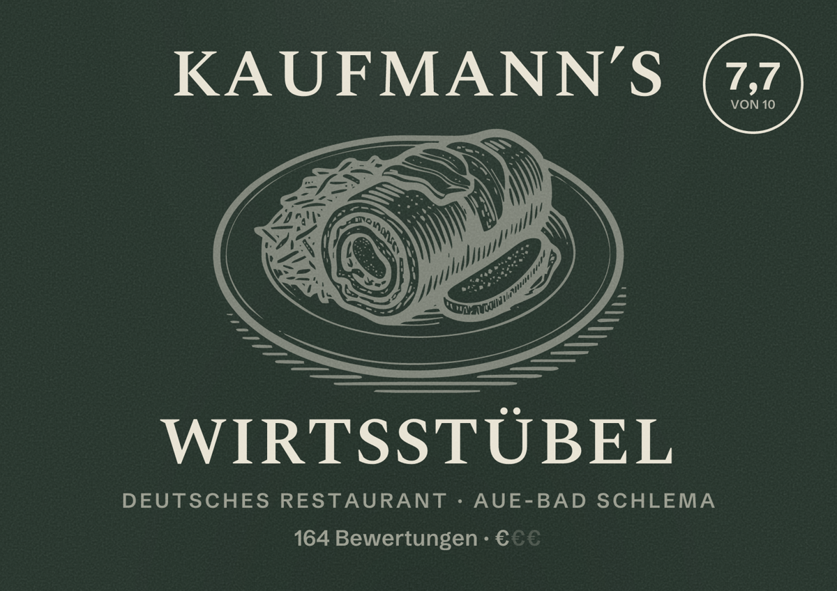 Illustriertes Poster von Kaufmann’s Wirtsstübel, Deutsches Restaurant in Aue-Bad Schlema: Bewertung 7,7 von 10 aus 164 Bewertungen, Preisniveau €
