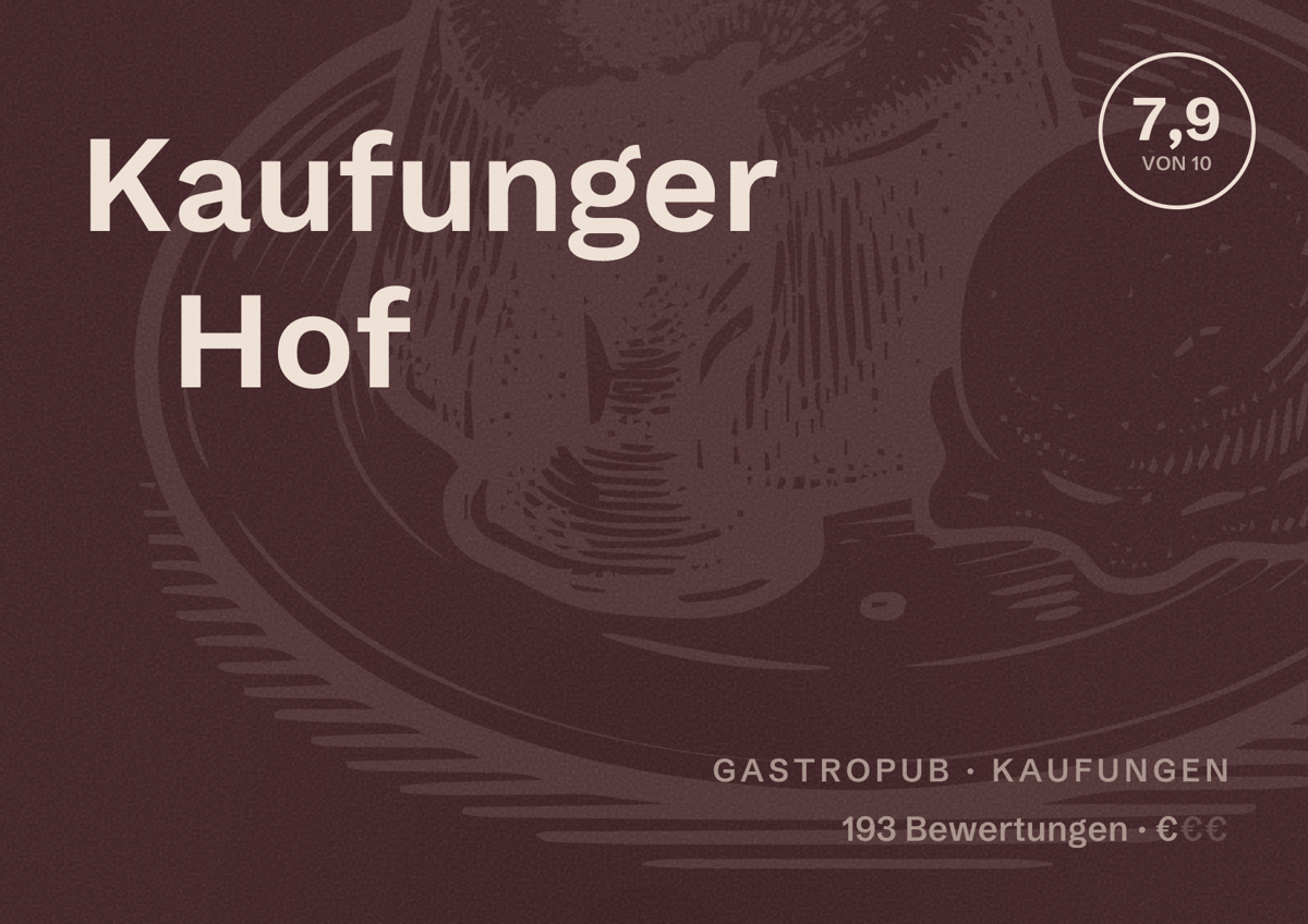 Illustriertes Poster von Kaufunger Hof, Gastropub in Kaufungen: Bewertung 7,9 von 10 aus 193 Bewertungen, Preisniveau €