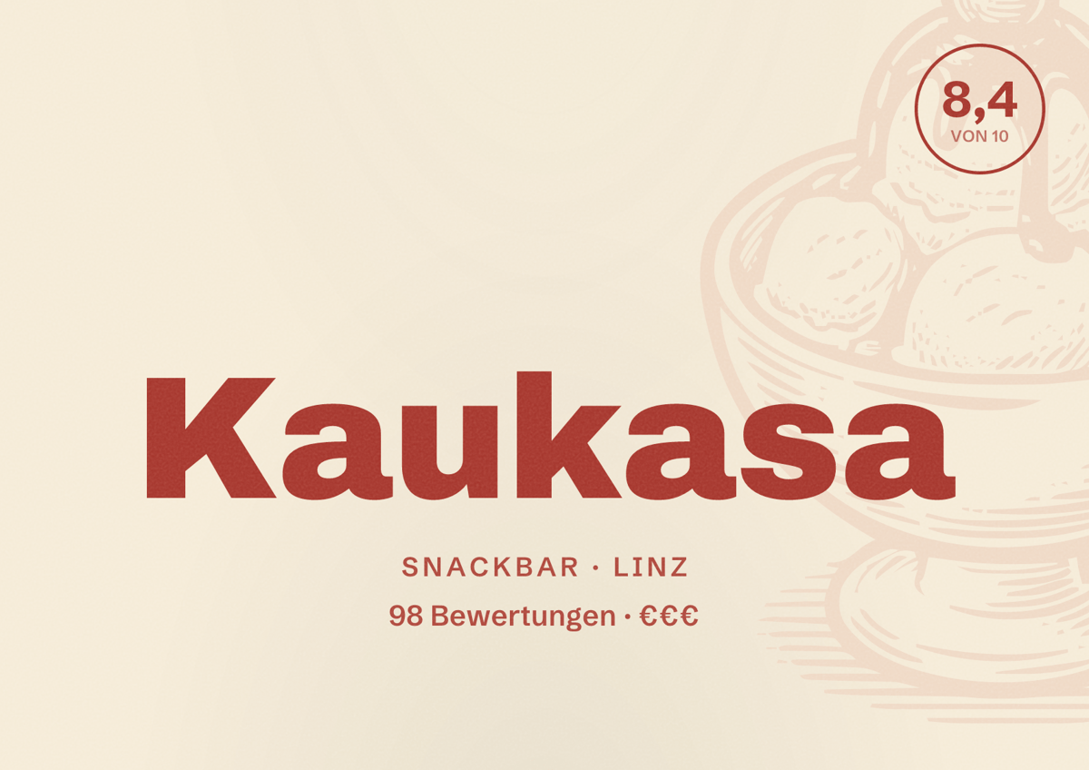 Illustriertes Poster von Kaukasa, Snackbar in Linz: Bewertung 8,4 von 10 aus 98 Bewertungen, Preisniveau €€€