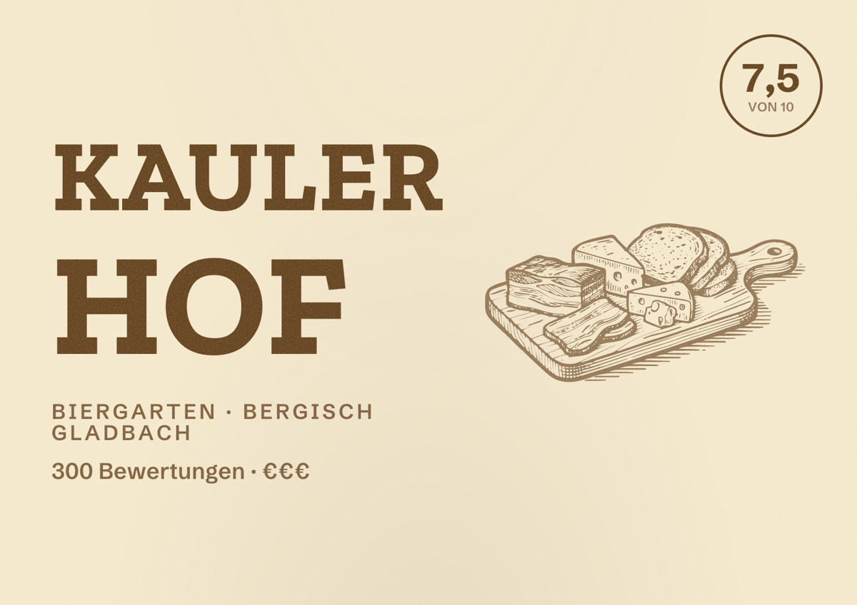 Illustriertes Poster von Kauler Hof, Biergarten in Bergisch Gladbach: Bewertung 7,5 von 10 aus 300 Bewertungen, Preisniveau €€€