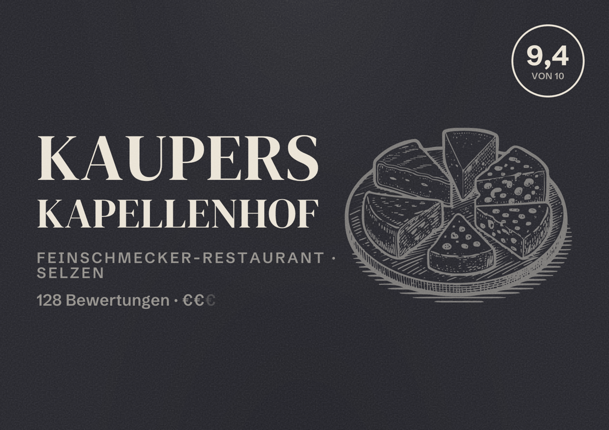Illustriertes Poster von Kaupers Kapellenhof, Feinschmecker-Restaurant in Selzen: Bewertung 9,4 von 10 aus 128 Bewertungen, Preisniveau €€
