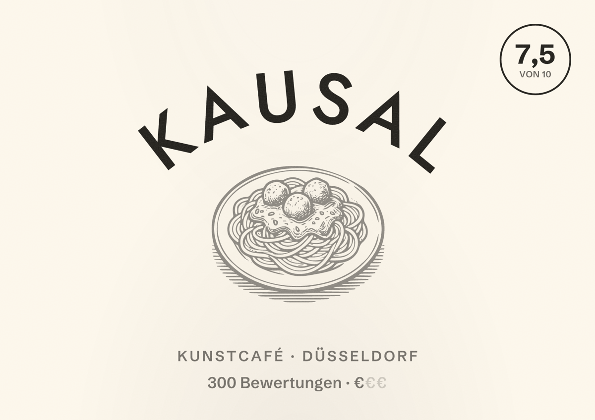 Illustriertes Poster von Kausal, Kunstcafé in Düsseldorf: Bewertung 7,5 von 10 aus 300 Bewertungen, Preisniveau €