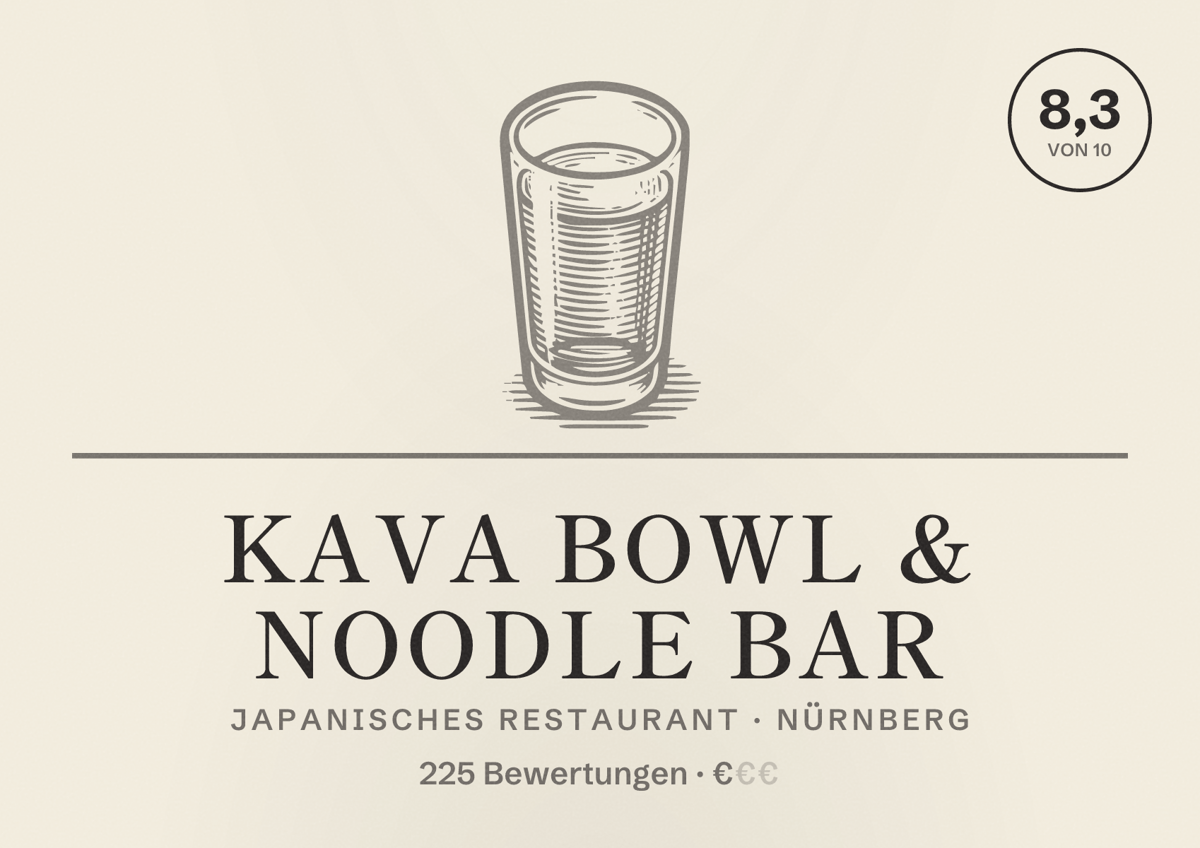 Illustriertes Poster von Kava Bowl & Noodle Bar, Japanisches Restaurant in Nürnberg: Bewertung 8,3 von 10 aus 225 Bewertungen, Preisniveau €