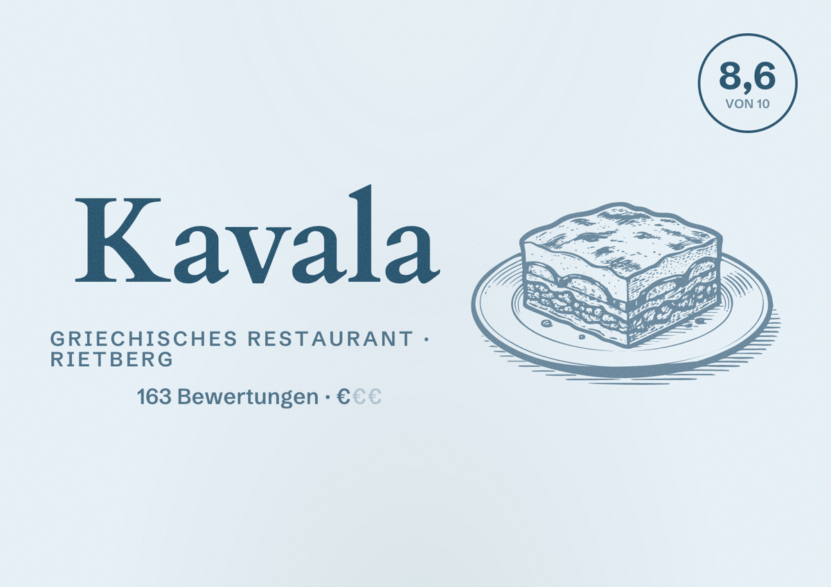 Illustriertes Poster von Kavala, Griechisches Restaurant in Rietberg: Bewertung 8,6 von 10 aus 163 Bewertungen, Preisniveau €