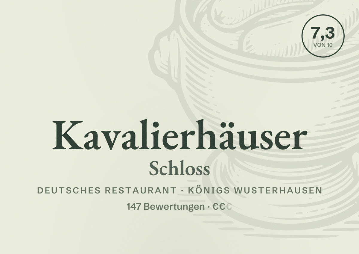 Illustriertes Poster von Kavalierhäuser Schloss, Deutsches Restaurant in Königs Wusterhausen: Bewertung 7,3 von 10 aus 147 Bewertungen, Preisniveau €€
