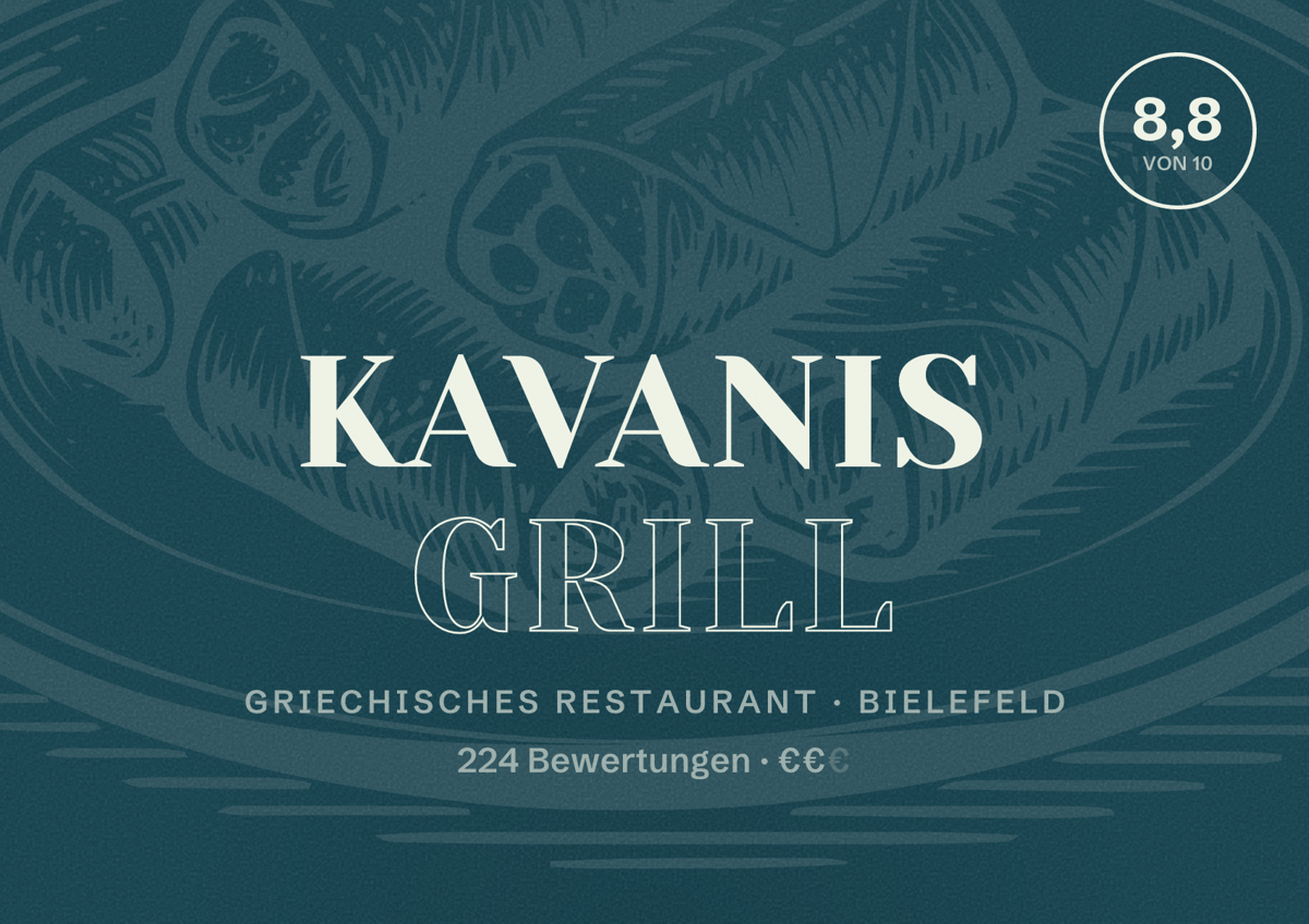 Illustriertes Poster von Kavanis Grill, Griechisches Restaurant in Bielefeld: Bewertung 8,8 von 10 aus 224 Bewertungen, Preisniveau €€