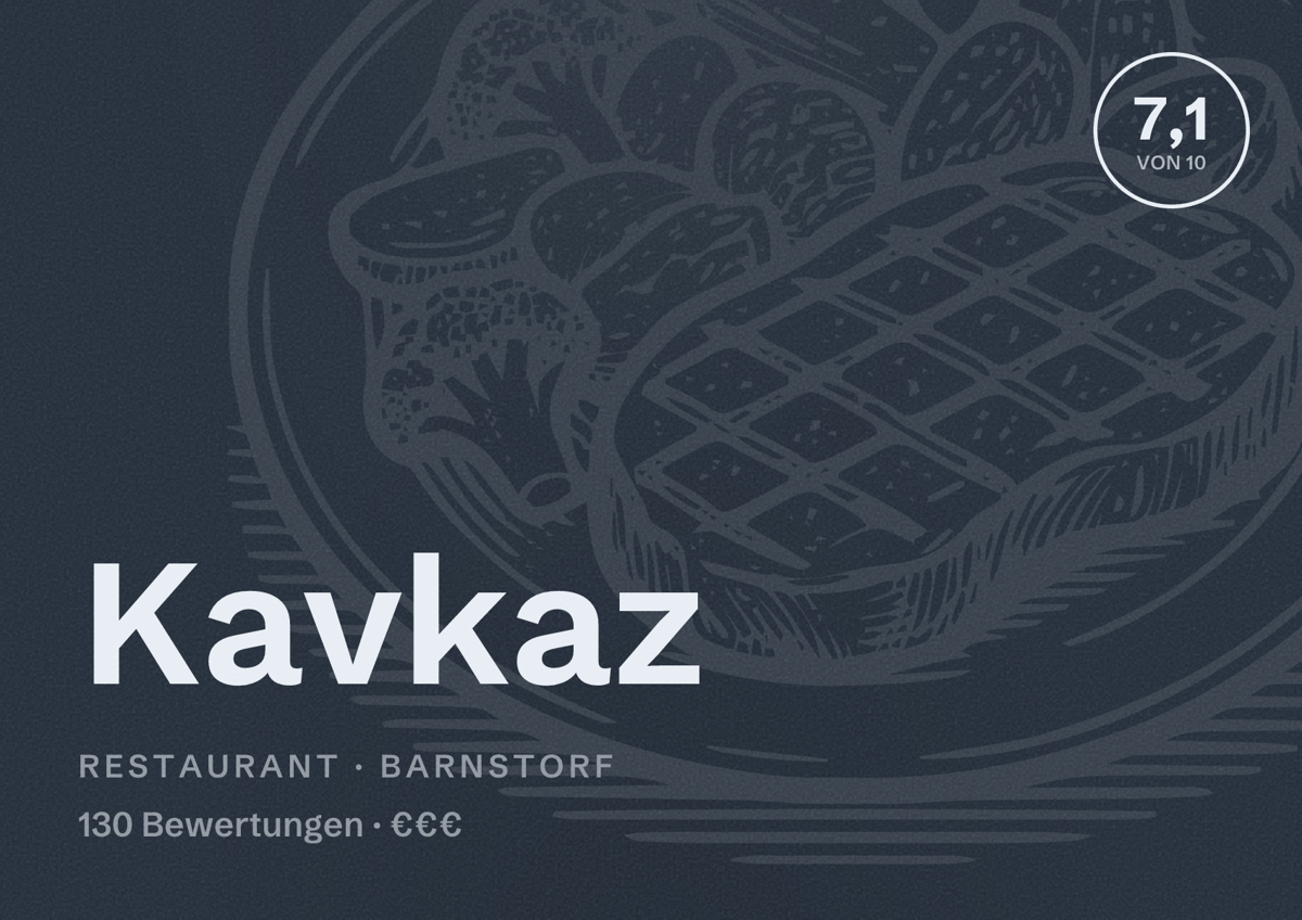 Illustriertes Poster von Kavkaz, Restaurant in Barnstorf: Bewertung 7,1 von 10 aus 130 Bewertungen, Preisniveau €€€