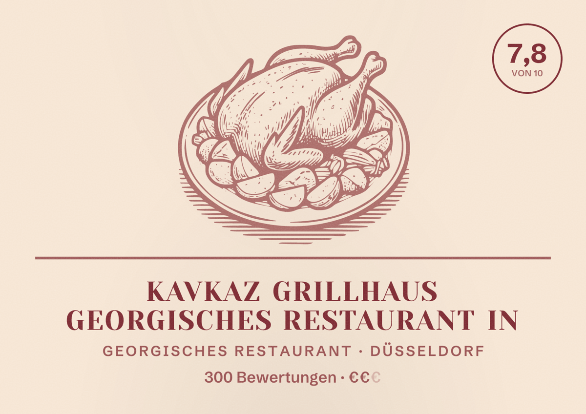 Illustriertes Poster von Kavkaz GrillHaus Georgisches Restaurant in, Georgisches Restaurant in Düsseldorf: Bewertung 7,8 von 10 aus 300 Bewertungen, Preisniveau €€