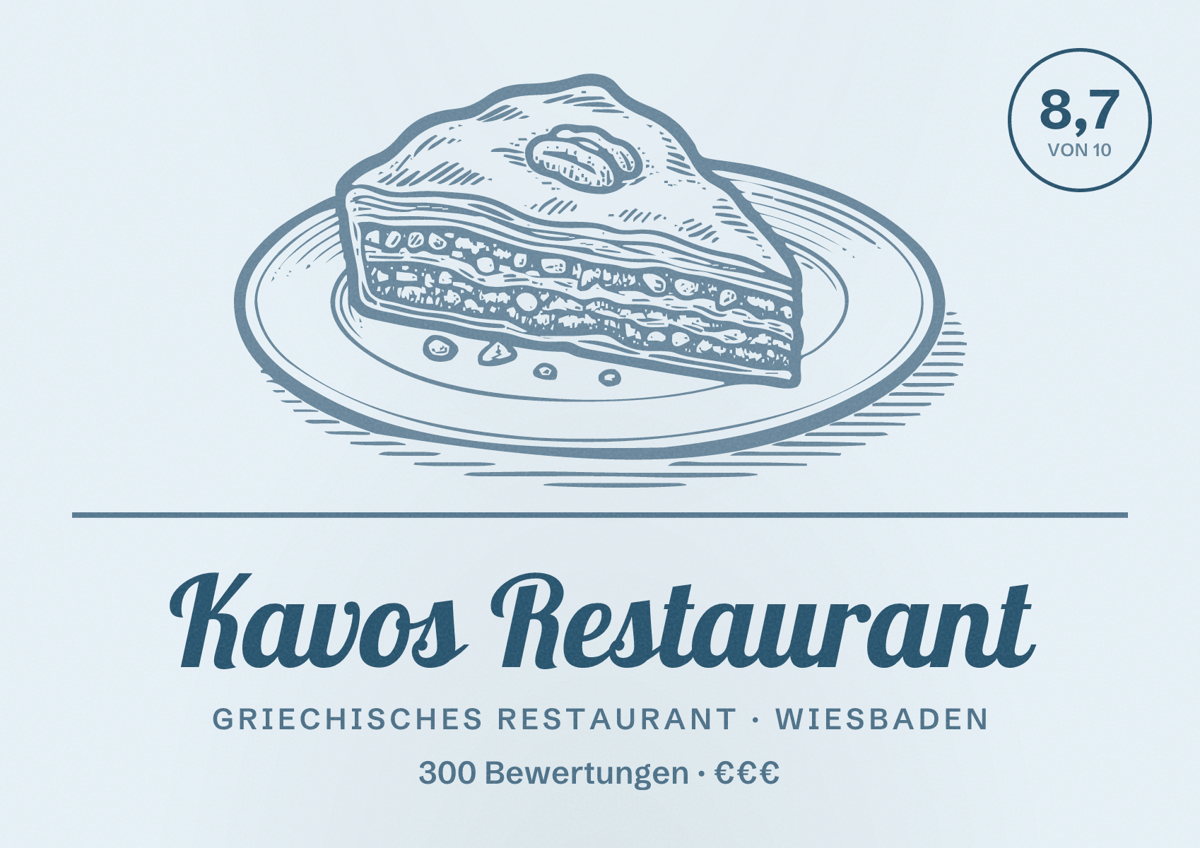 Illustriertes Poster von Kavos Restaurant, Griechisches Restaurant in Wiesbaden: Bewertung 8,7 von 10 aus 300 Bewertungen, Preisniveau €€€