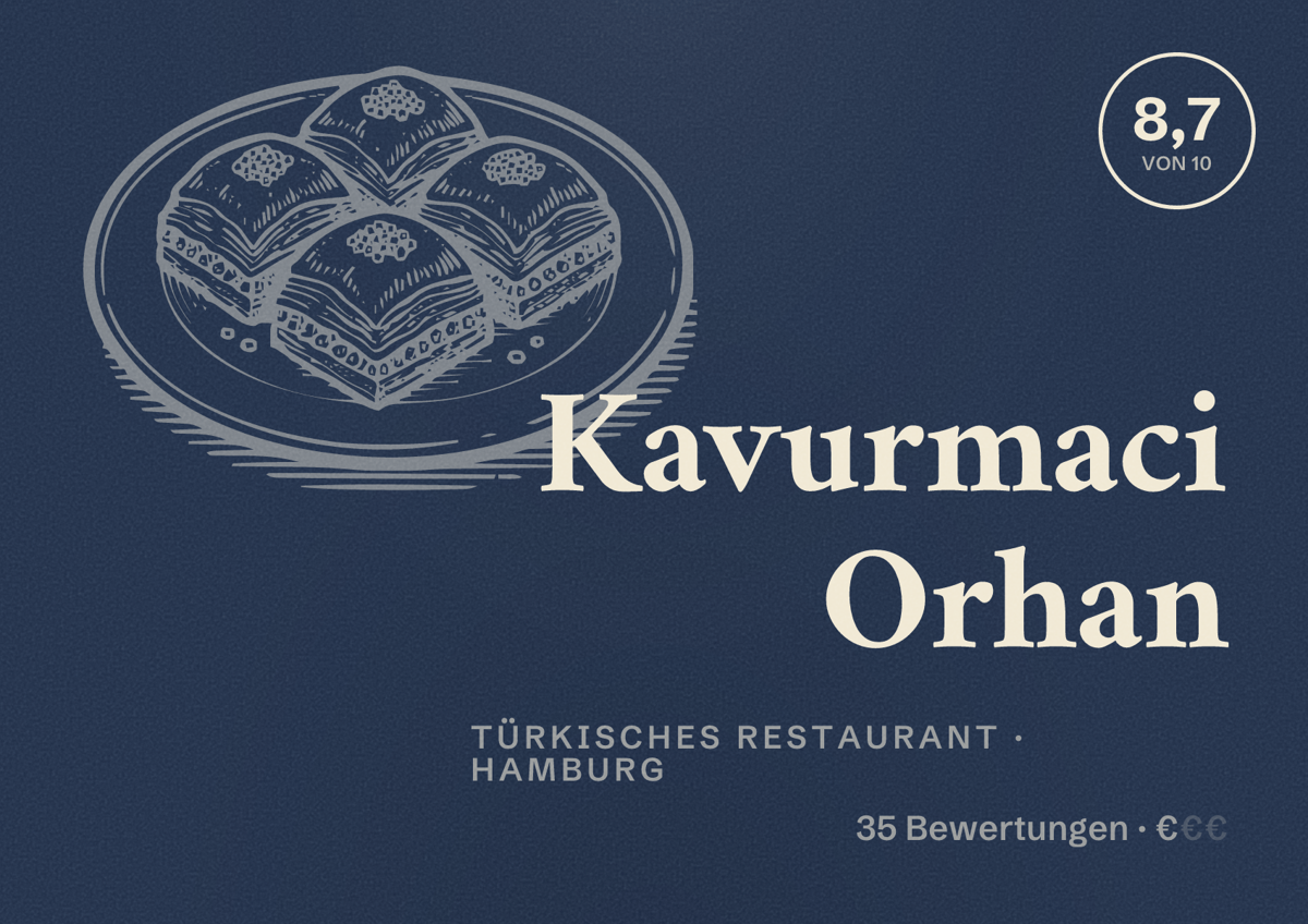 Illustriertes Poster von Kavurmaci Orhan, Türkisches Restaurant in Hamburg: Bewertung 8,7 von 10 aus 35 Bewertungen, Preisniveau €