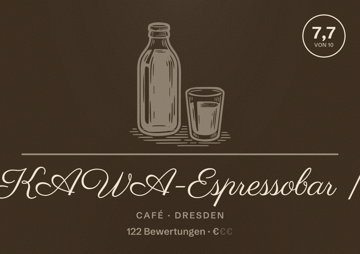Illustriertes Poster von KAWA-Espressobar |, Café in Dresden: Bewertung 7,7 von 10 aus 122 Bewertungen, Preisniveau €