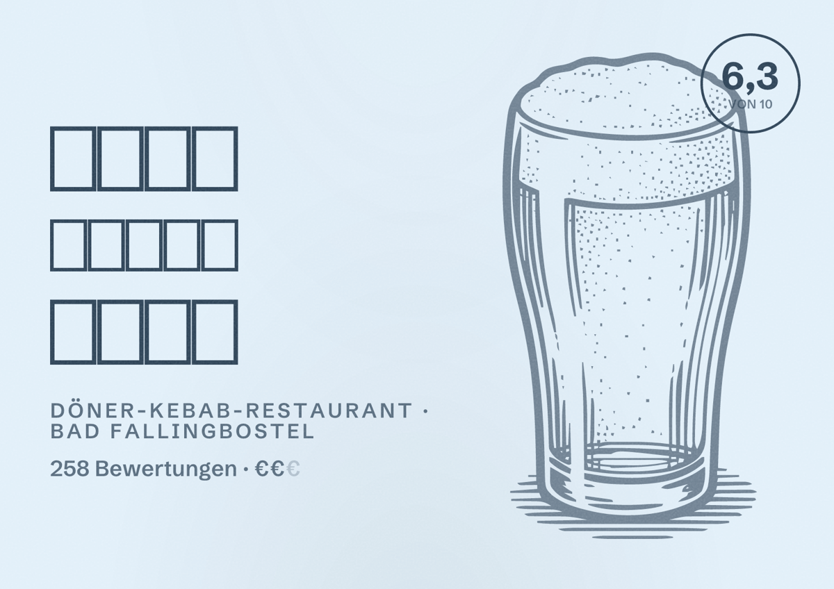 Illustriertes Poster von 𝗞𝗔𝗪𝗔 𝗚𝗥𝗜𝗟𝗟 𝗛𝗔𝗨𝗦, Döner-Kebab-Restaurant in Bad Fallingbostel: Bewertung 6,3 von 10 aus 258 Bewertungen, Preisniveau €€