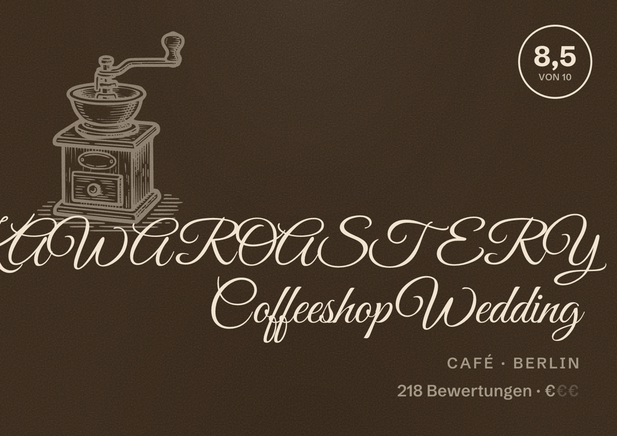 Illustriertes Poster von KAWA ROASTERY Coffeeshop Wedding, Café in Berlin: Bewertung 8,5 von 10 aus 218 Bewertungen, Preisniveau €