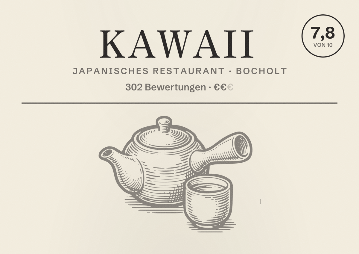 Illustriertes Poster von Kawaii, Japanisches Restaurant in Bocholt: Bewertung 7,8 von 10 aus 302 Bewertungen, Preisniveau €€