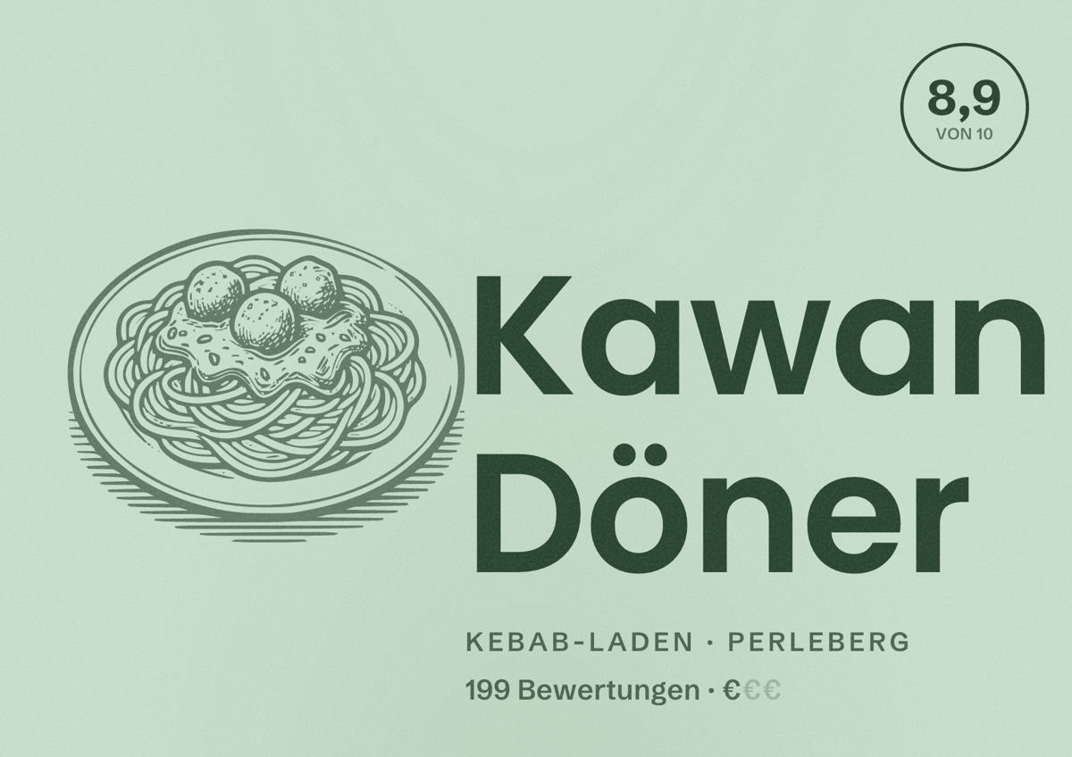 Illustriertes Poster von Kawan Döner, Kebab-Laden in Perleberg: Bewertung 8,9 von 10 aus 199 Bewertungen, Preisniveau €