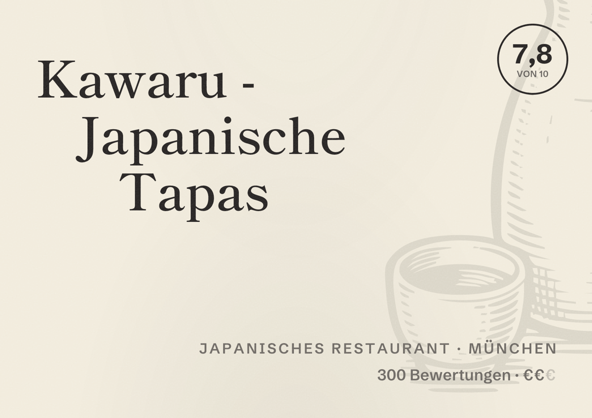 Illustriertes Poster von Kawaru - Japanische Tapas, Japanisches Restaurant in München: Bewertung 7,8 von 10 aus 300 Bewertungen, Preisniveau €€
