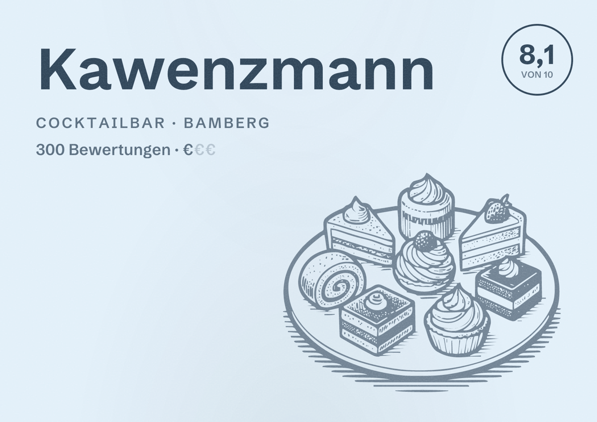 Illustriertes Poster von Kawenzmann, Cocktailbar in Bamberg: Bewertung 8,1 von 10 aus 300 Bewertungen, Preisniveau €
