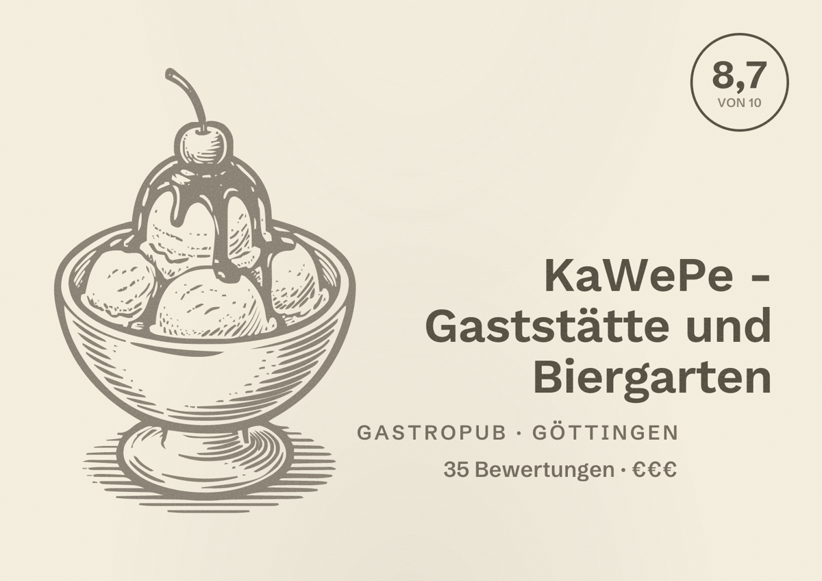 Illustriertes Poster von KaWePe - Gaststätte und Biergarten, Gastropub in Göttingen: Bewertung 8,7 von 10 aus 35 Bewertungen, Preisniveau €€€