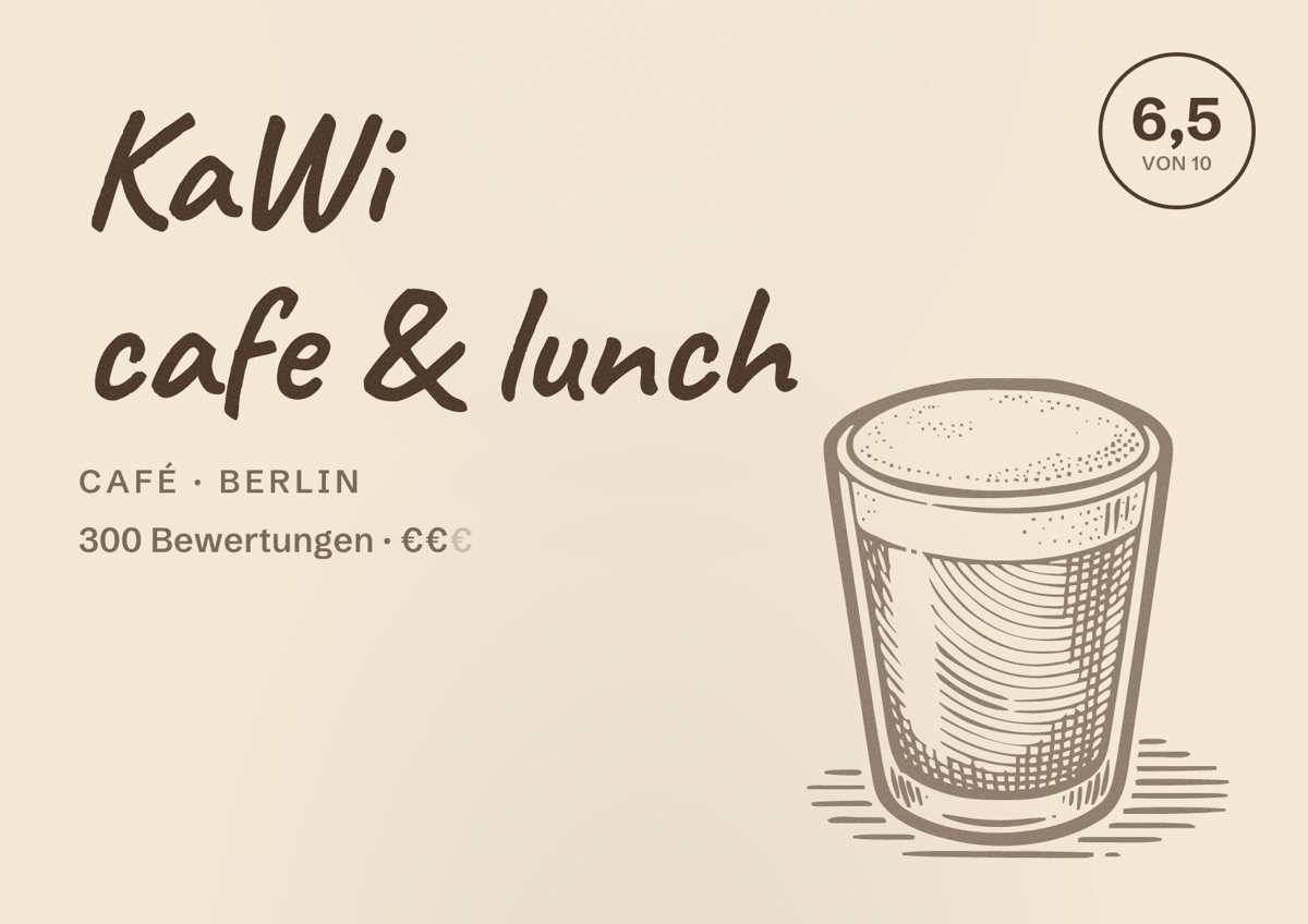 Illustriertes Poster von KaWi cafe & lunch, Café in Berlin: Bewertung 6,5 von 10 aus 300 Bewertungen, Preisniveau €€