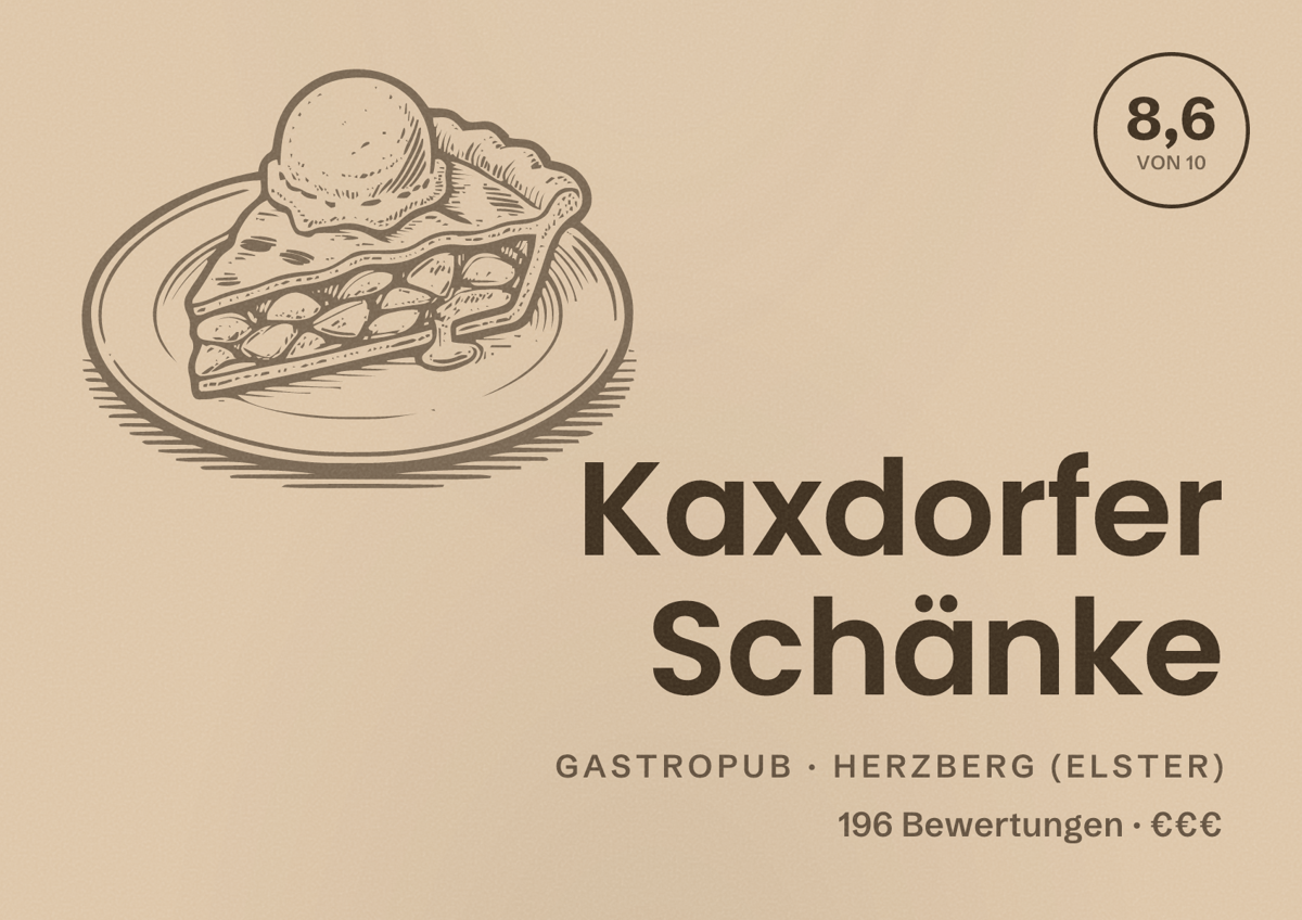 Illustriertes Poster von Kaxdorfer Schänke, Gastropub in Herzberg (Elster): Bewertung 8,6 von 10 aus 196 Bewertungen, Preisniveau €€€