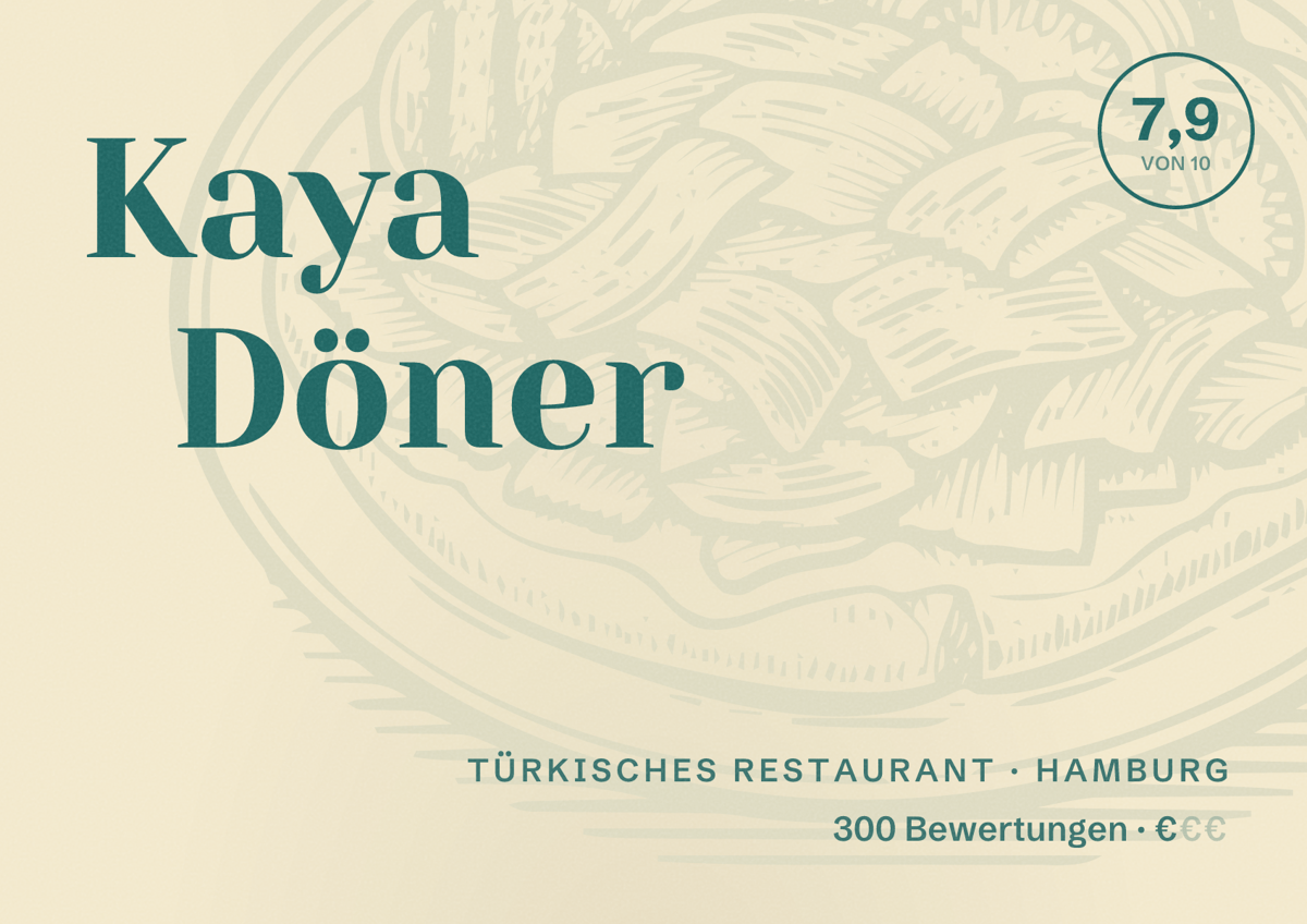Illustriertes Poster von Kaya Döner, Türkisches Restaurant in Hamburg: Bewertung 7,9 von 10 aus 300 Bewertungen, Preisniveau €