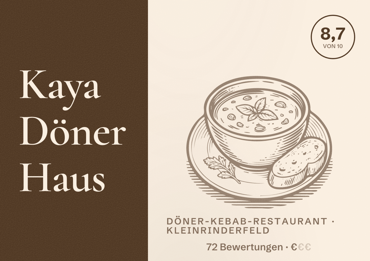 Illustriertes Poster von Kaya Döner Haus, Döner-Kebab-Restaurant in Kleinrinderfeld: Bewertung 8,7 von 10 aus 72 Bewertungen, Preisniveau €
