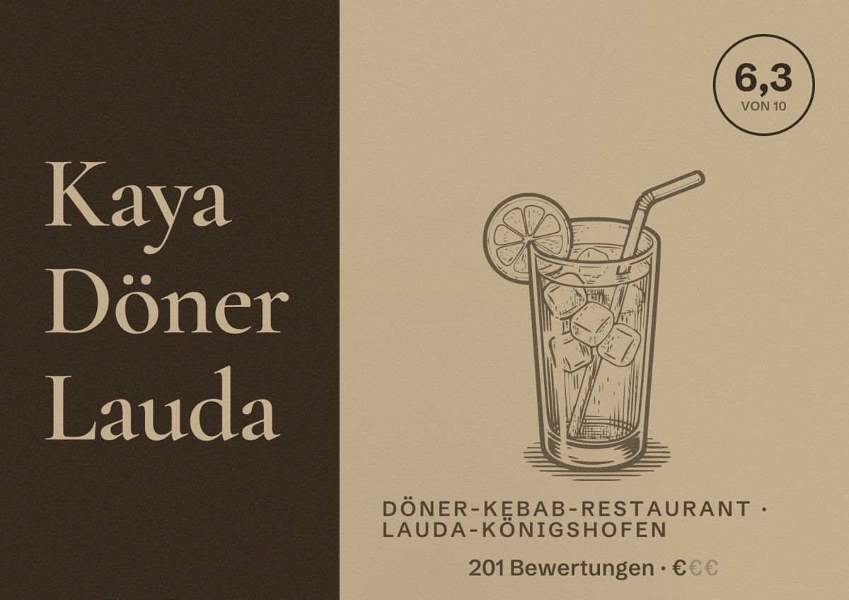 Illustriertes Poster von Kaya Döner Lauda, Döner-Kebab-Restaurant in Lauda-Königshofen: Bewertung 6,3 von 10 aus 201 Bewertungen, Preisniveau €
