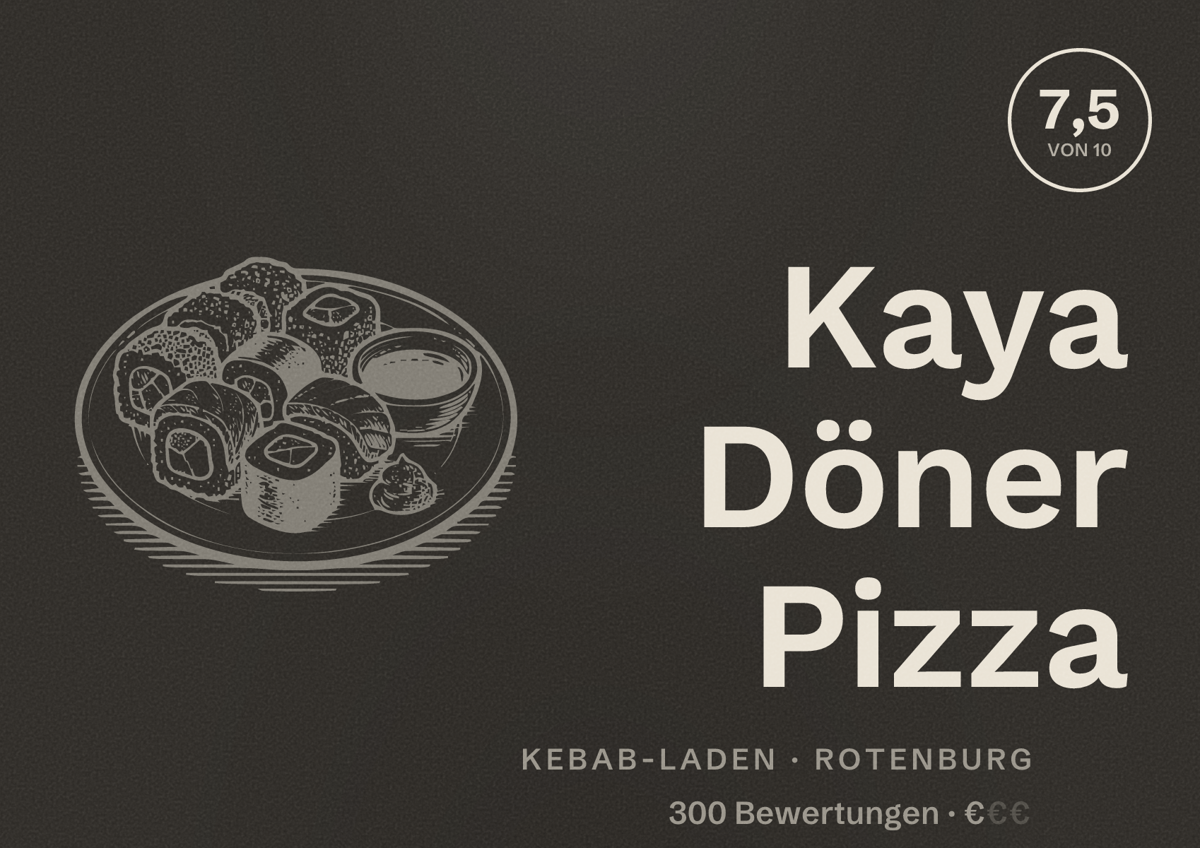 Illustriertes Poster von Kaya Döner Pizza, Kebab-Laden in Rotenburg: Bewertung 7,5 von 10 aus 300 Bewertungen, Preisniveau €