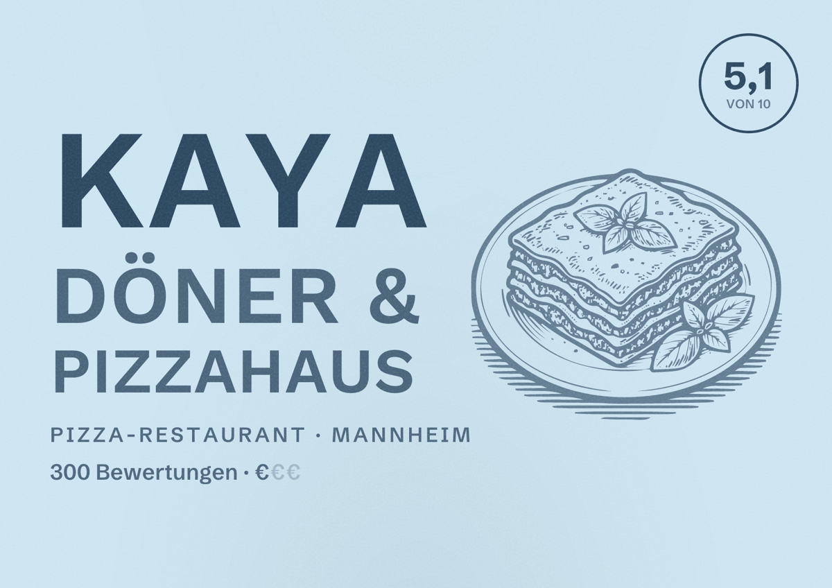 Illustriertes Poster von Kaya Döner & Pizzahaus, Pizza-Restaurant in Mannheim: Bewertung 5,1 von 10 aus 300 Bewertungen, Preisniveau €