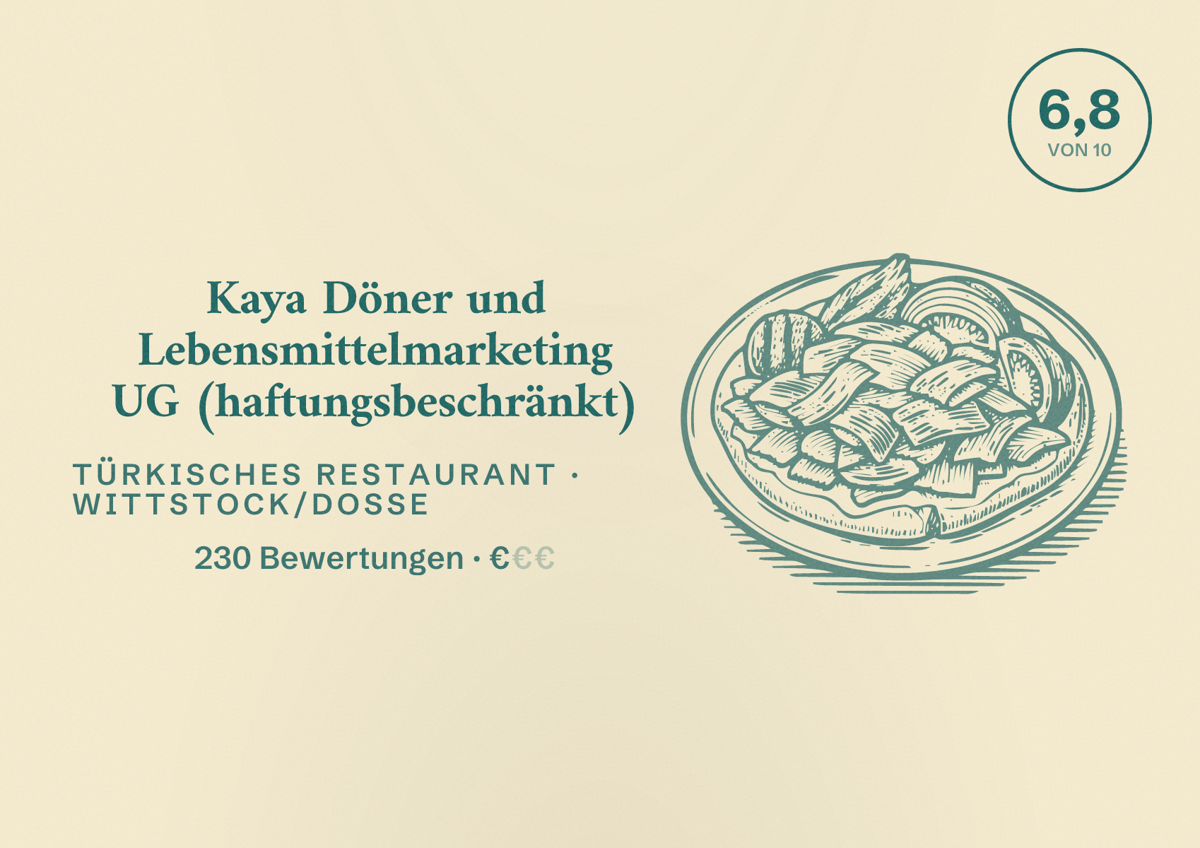 Illustriertes Poster von Kaya Döner und Lebensmittelmarketing UG (haftungsbeschränkt), Türkisches Restaurant in Wittstock/Dosse: Bewertung 6,8 von 10 aus 230 Bewertungen, Preisniveau €