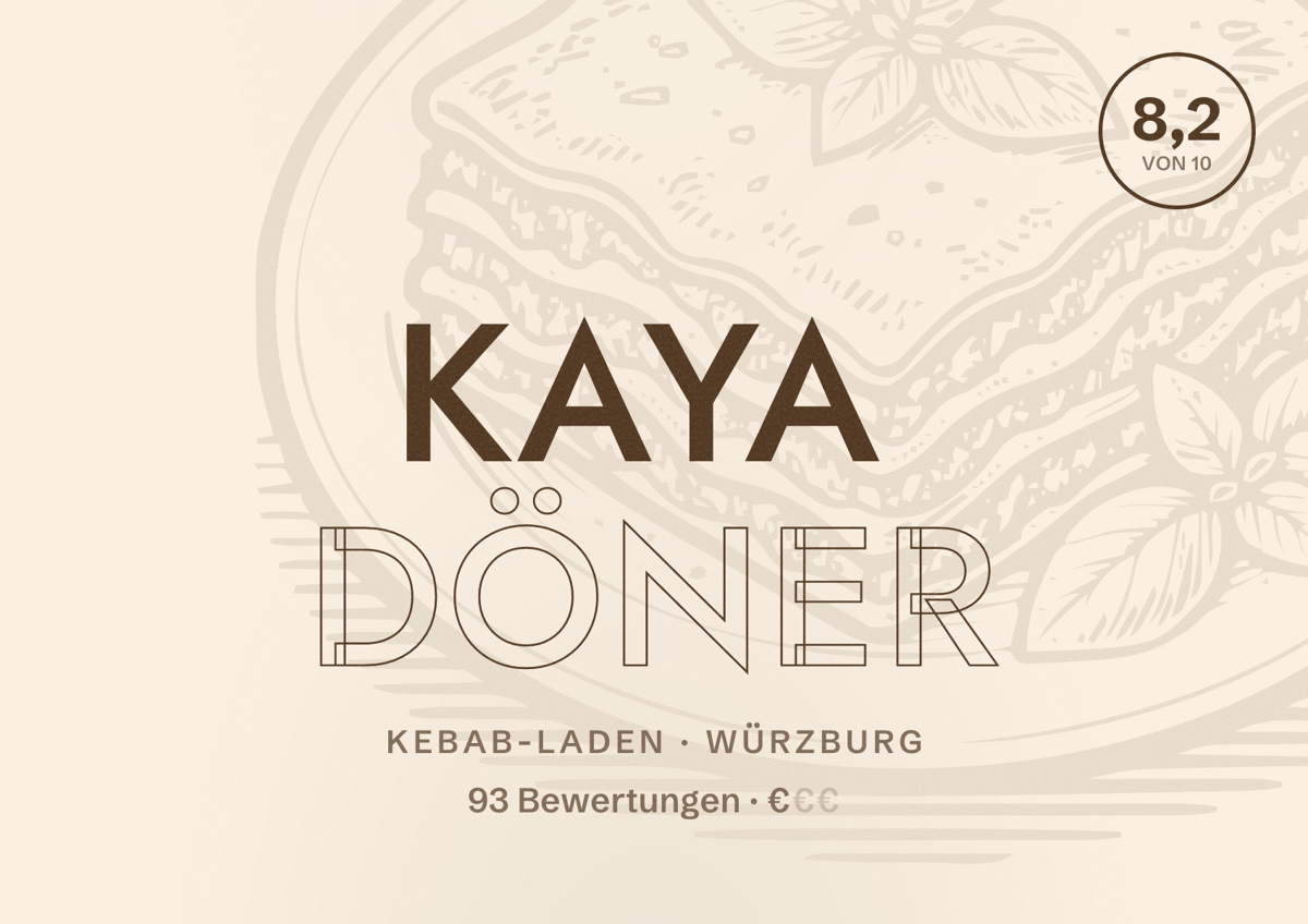 Illustriertes Poster von Kaya Döner, Kebab-Laden in Würzburg: Bewertung 8,2 von 10 aus 93 Bewertungen, Preisniveau €
