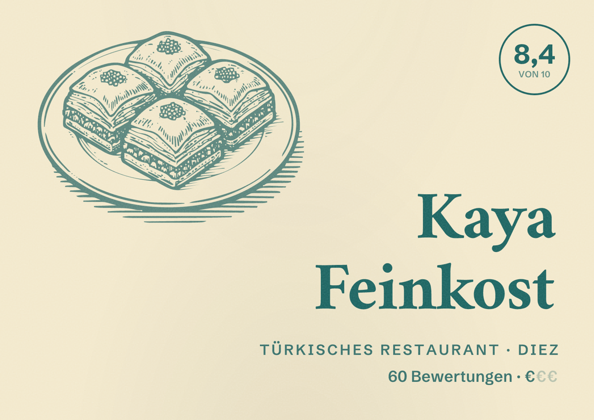 Illustriertes Poster von Kaya Feinkost, Türkisches Restaurant in Diez: Bewertung 8,4 von 10 aus 60 Bewertungen, Preisniveau €