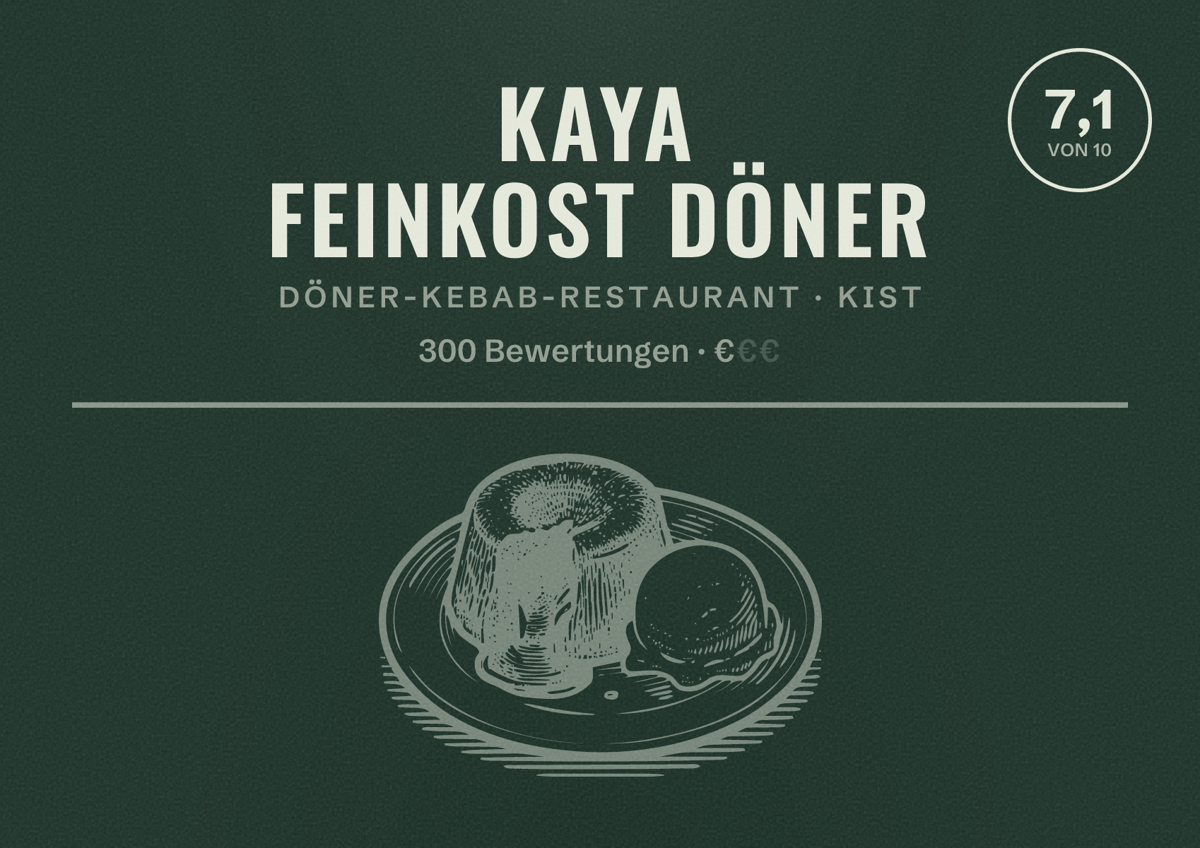 Illustriertes Poster von Kaya Feinkost Döner, Döner-Kebab-Restaurant in Kist: Bewertung 7,1 von 10 aus 300 Bewertungen, Preisniveau €