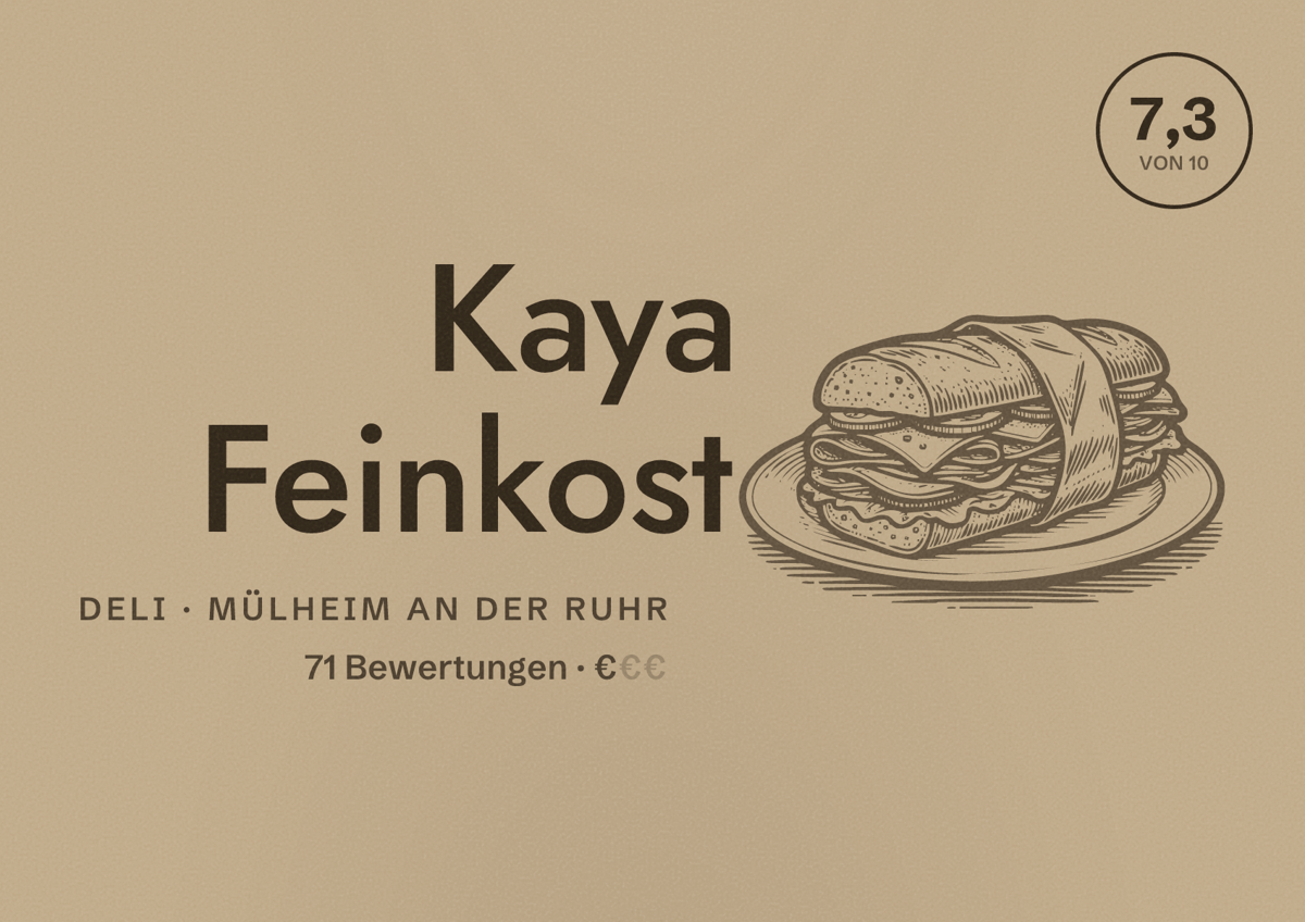 Illustriertes Poster von Kaya Feinkost, Deli in Mülheim an der Ruhr: Bewertung 7,3 von 10 aus 71 Bewertungen, Preisniveau €