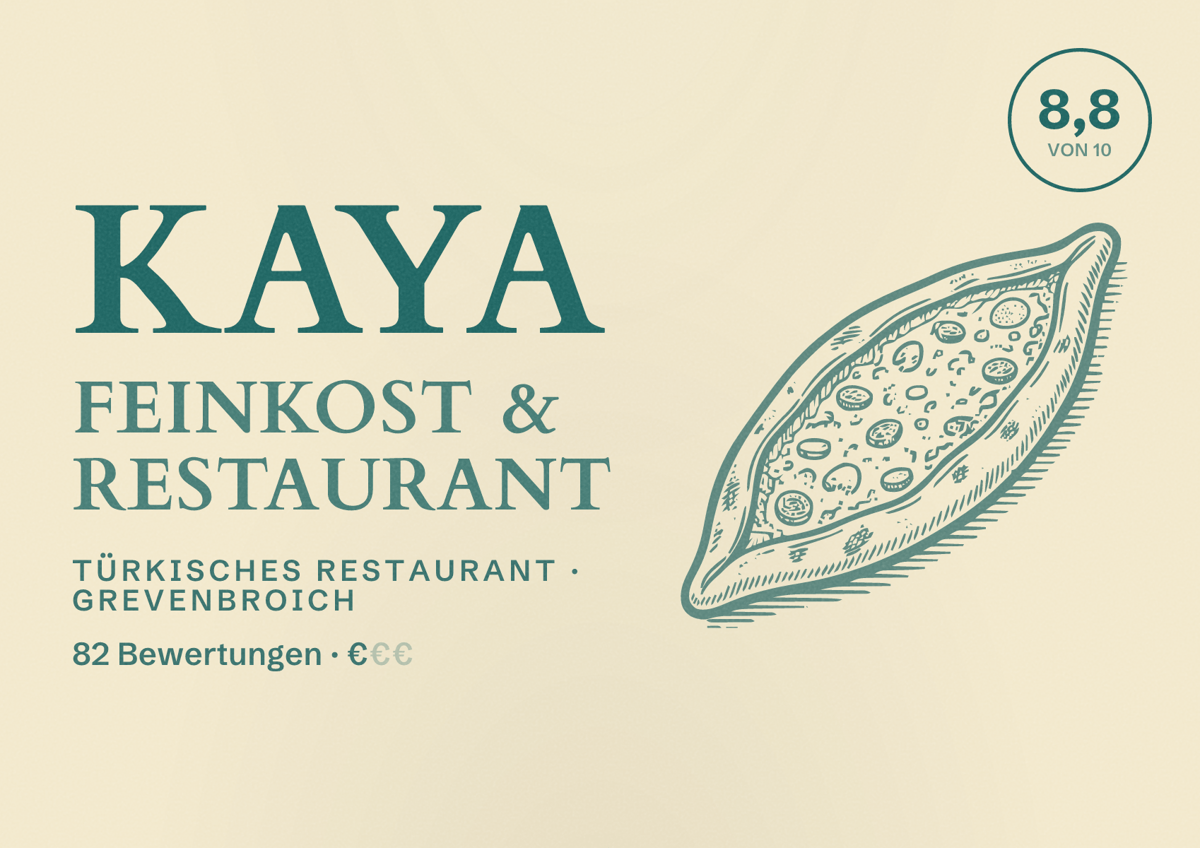 Illustriertes Poster von Kaya Feinkost & Restaurant, Türkisches Restaurant in Grevenbroich: Bewertung 8,8 von 10 aus 82 Bewertungen, Preisniveau €