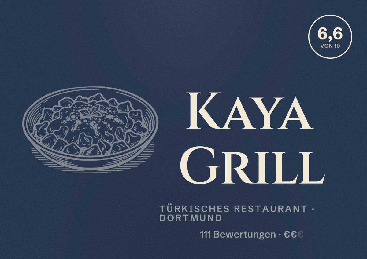 Illustriertes Poster von Kaya Grill, Türkisches Restaurant in Dortmund: Bewertung 6,6 von 10 aus 111 Bewertungen, Preisniveau €€
