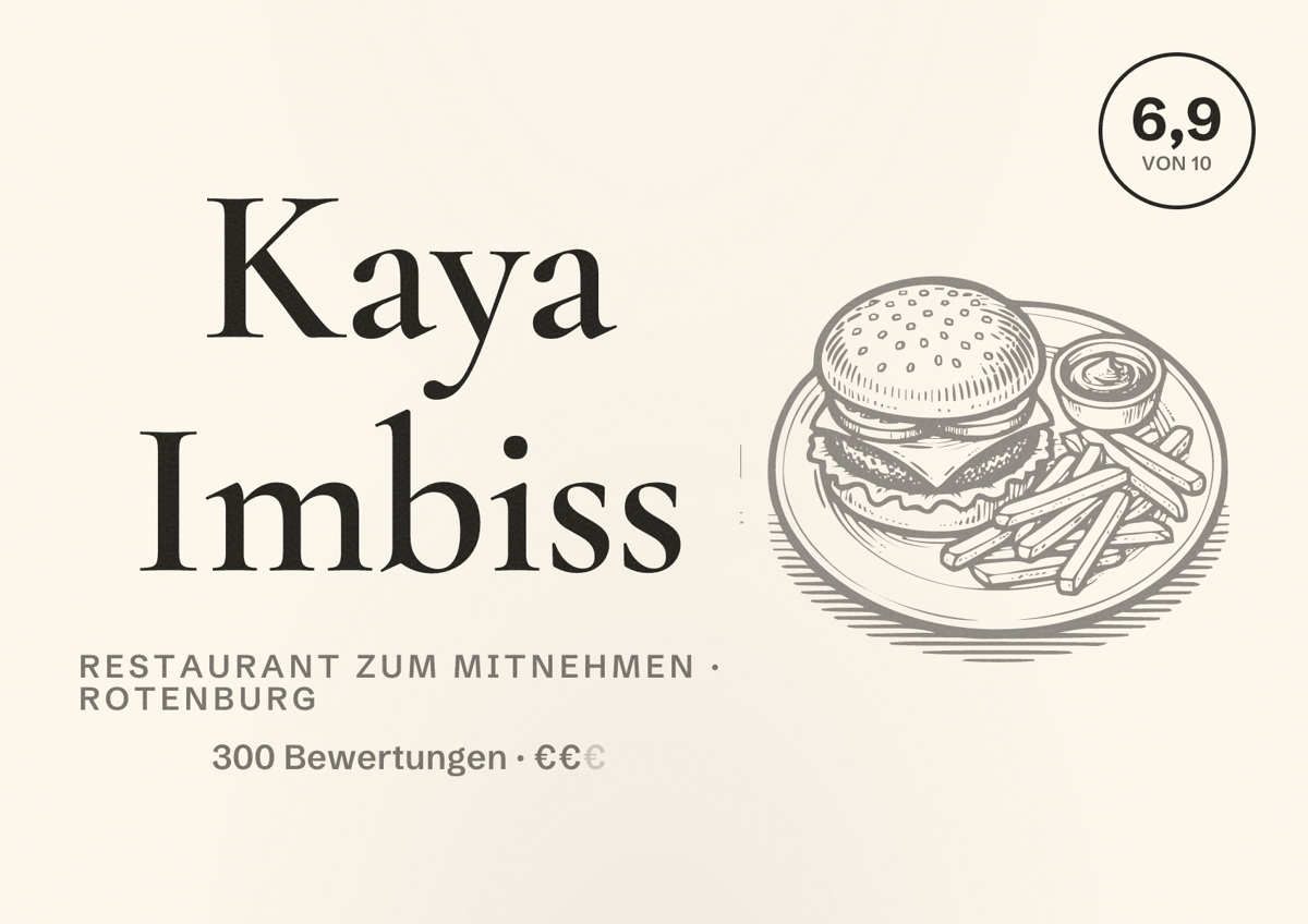 Illustriertes Poster von Kaya Imbiss, Restaurant zum Mitnehmen in Rotenburg: Bewertung 6,9 von 10 aus 300 Bewertungen, Preisniveau €€