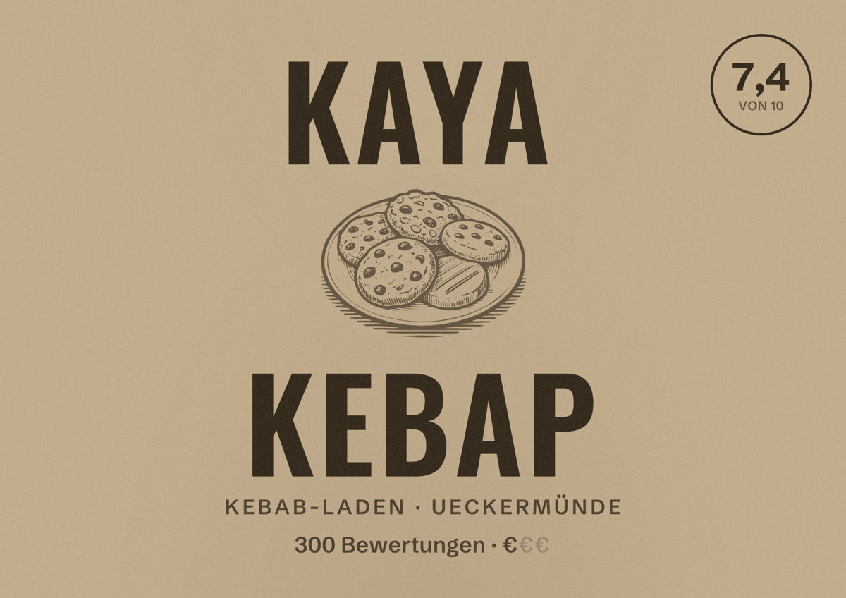 Illustriertes Poster von Kaya Kebap, Kebab-Laden in Ueckermünde: Bewertung 7,4 von 10 aus 300 Bewertungen, Preisniveau €