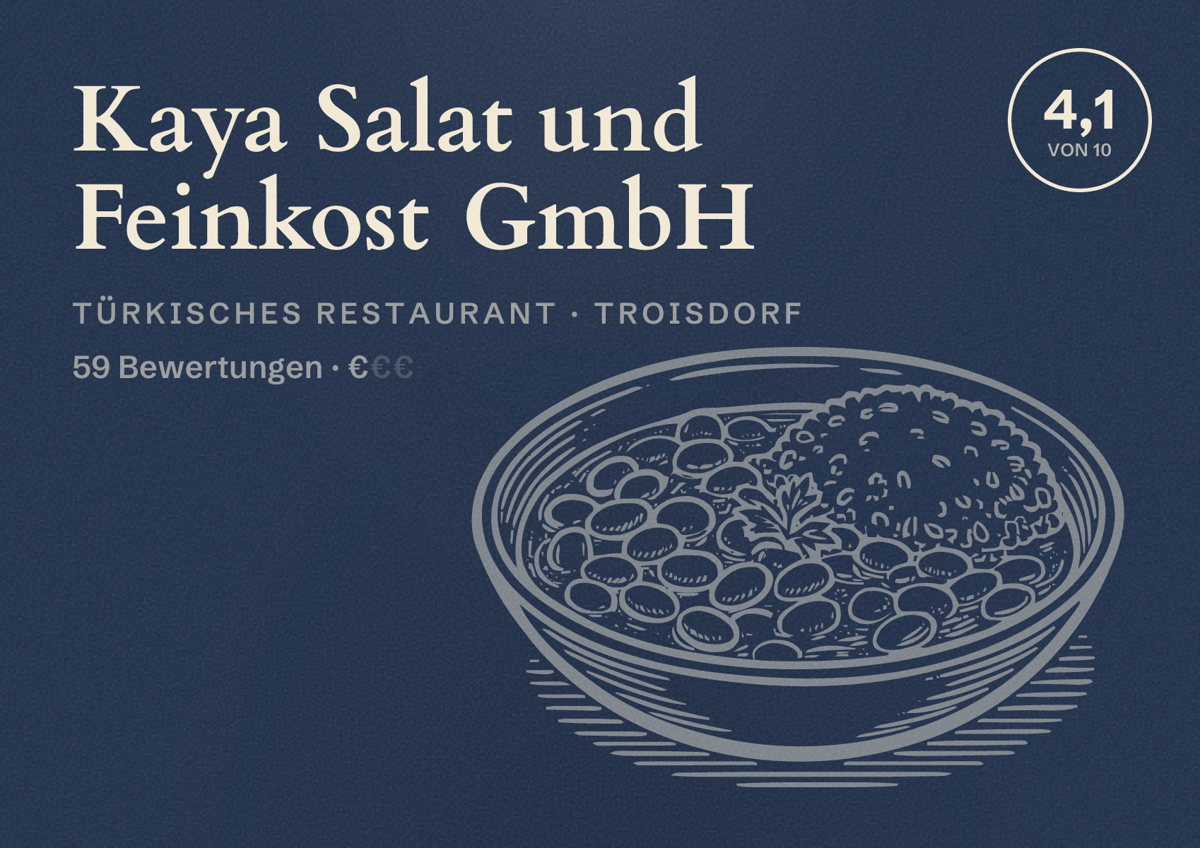 Illustriertes Poster von Kaya Salat und Feinkost GmbH, Türkisches Restaurant in Troisdorf: Bewertung 4,1 von 10 aus 59 Bewertungen, Preisniveau €