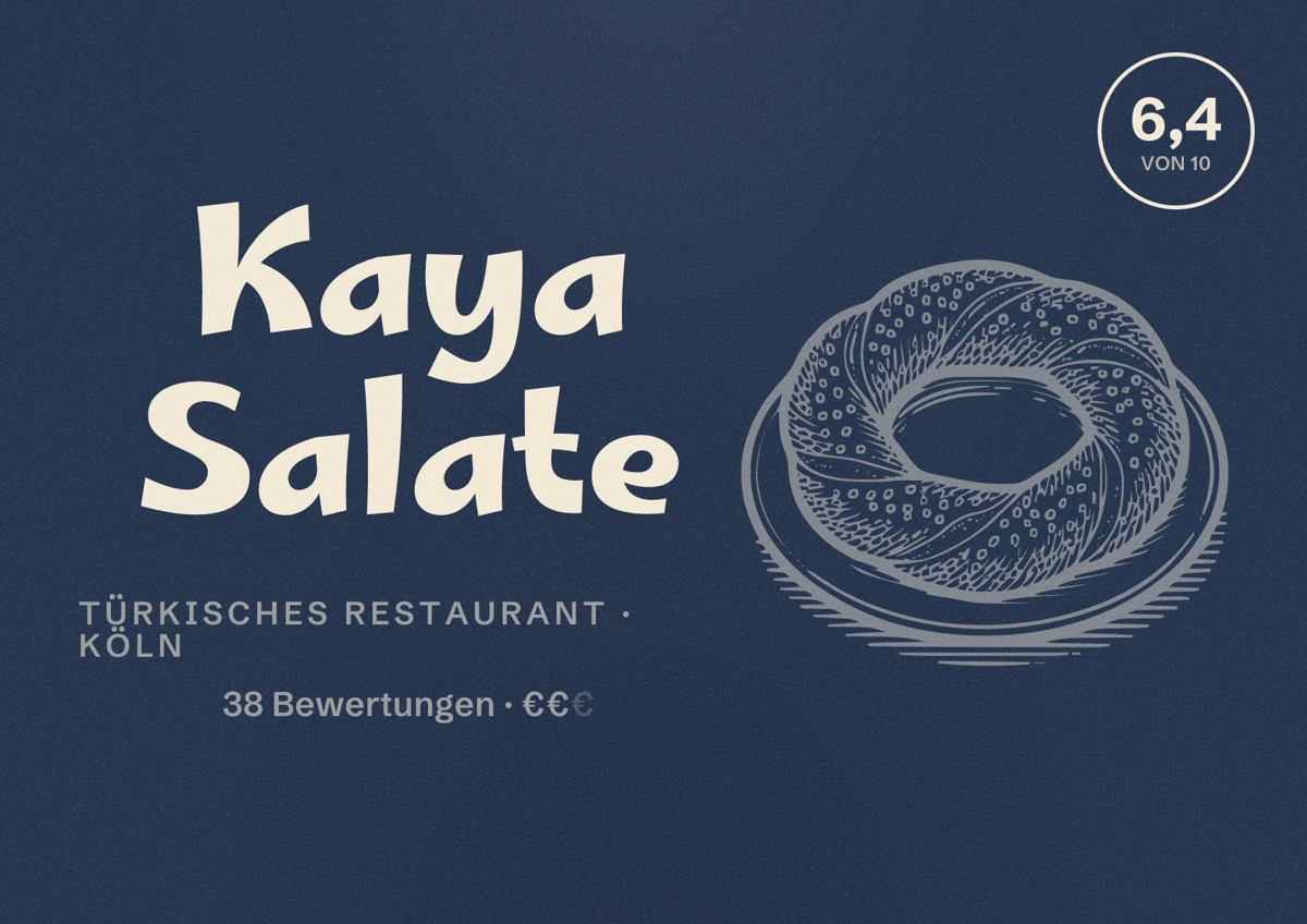 Illustriertes Poster von Kaya Salate, Türkisches Restaurant in Köln: Bewertung 6,4 von 10 aus 38 Bewertungen, Preisniveau €€