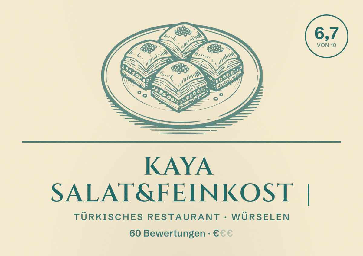 Illustriertes Poster von Kaya Salat&Feinkost |, Türkisches Restaurant in Würselen: Bewertung 6,7 von 10 aus 60 Bewertungen, Preisniveau €