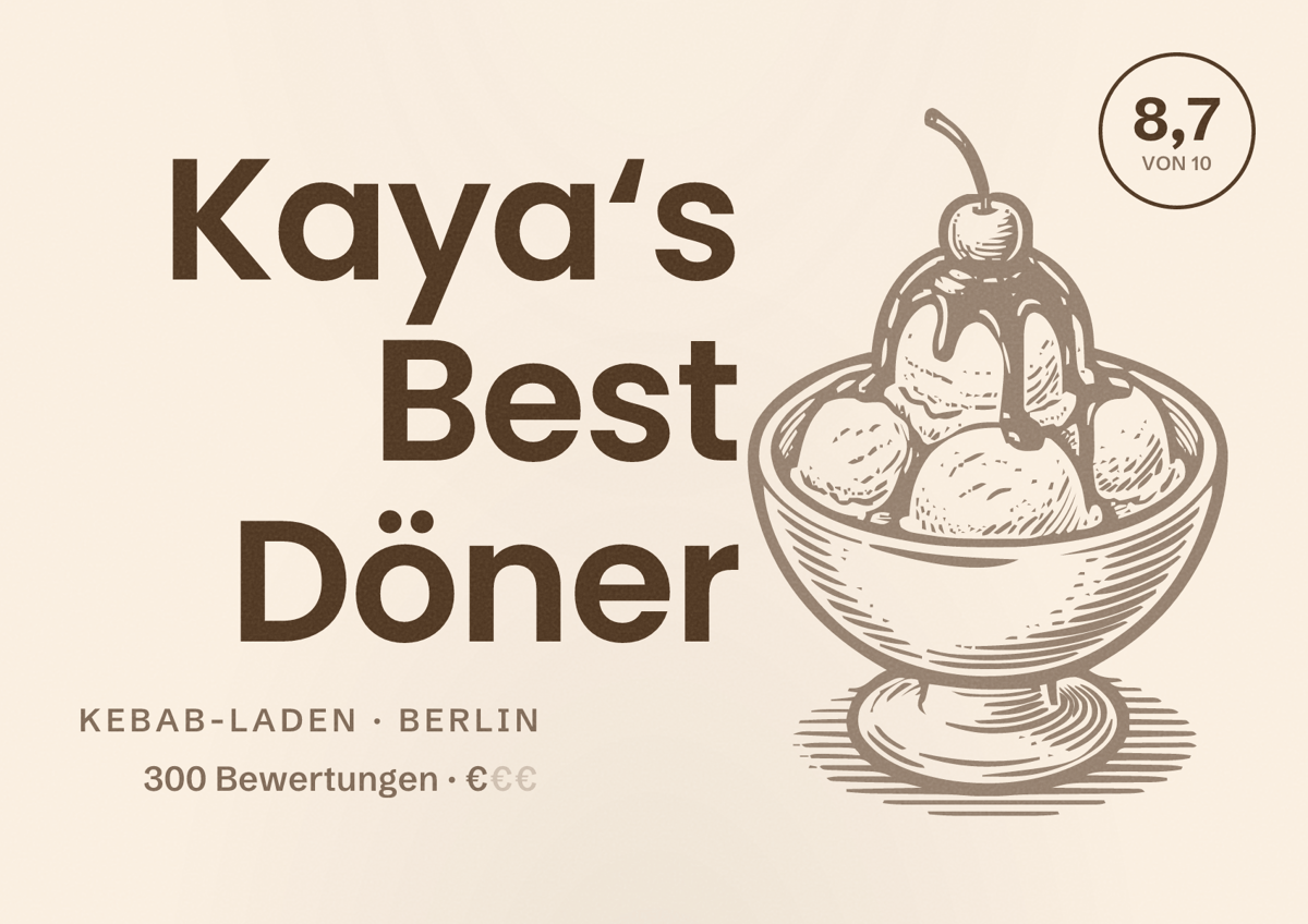 Illustriertes Poster von Kaya‘s Best Döner, Kebab-Laden in Berlin: Bewertung 8,7 von 10 aus 300 Bewertungen, Preisniveau €
